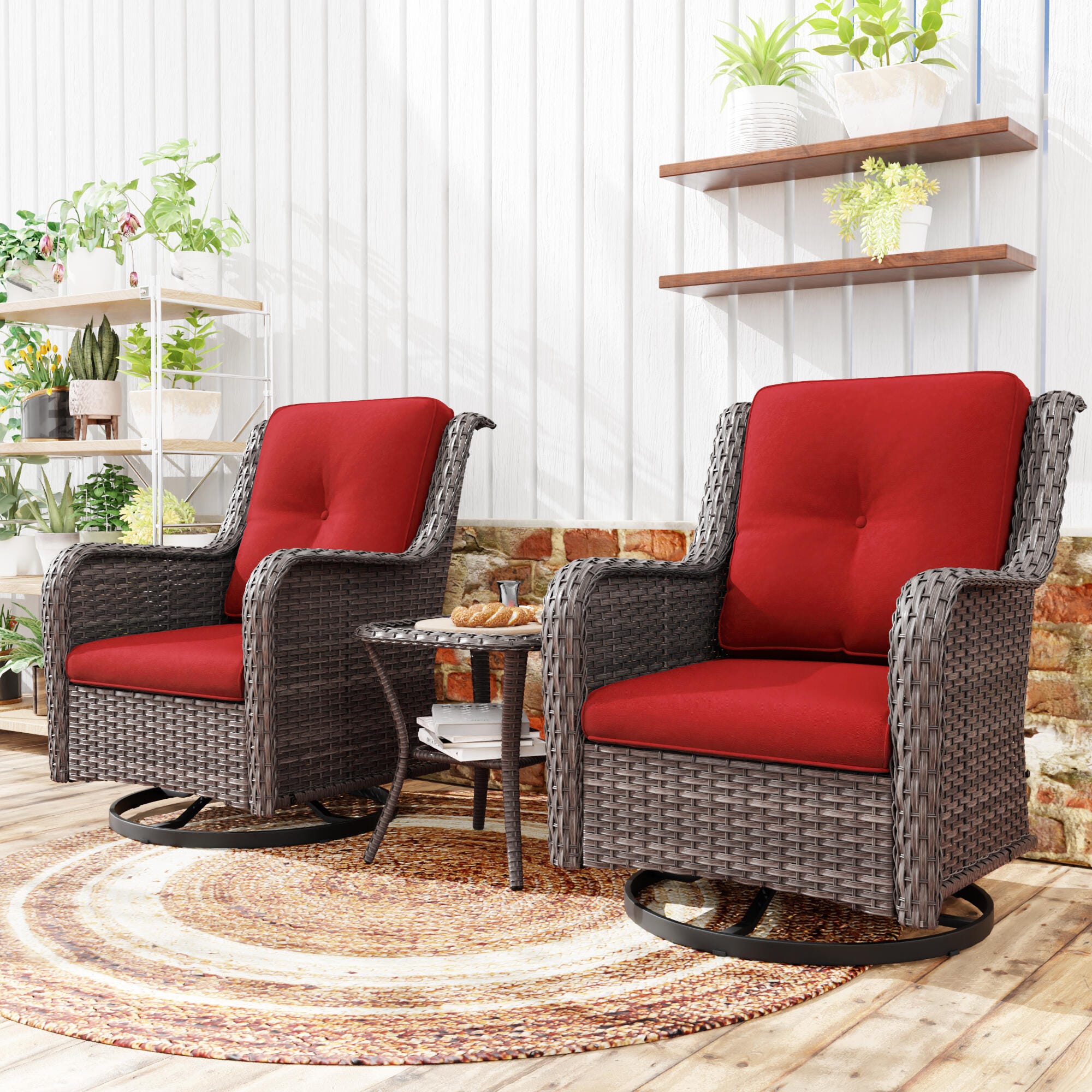 MORN HILL Haven Outdoor 2 Swivel Chair and Side Table, Red/Brown, rollover
