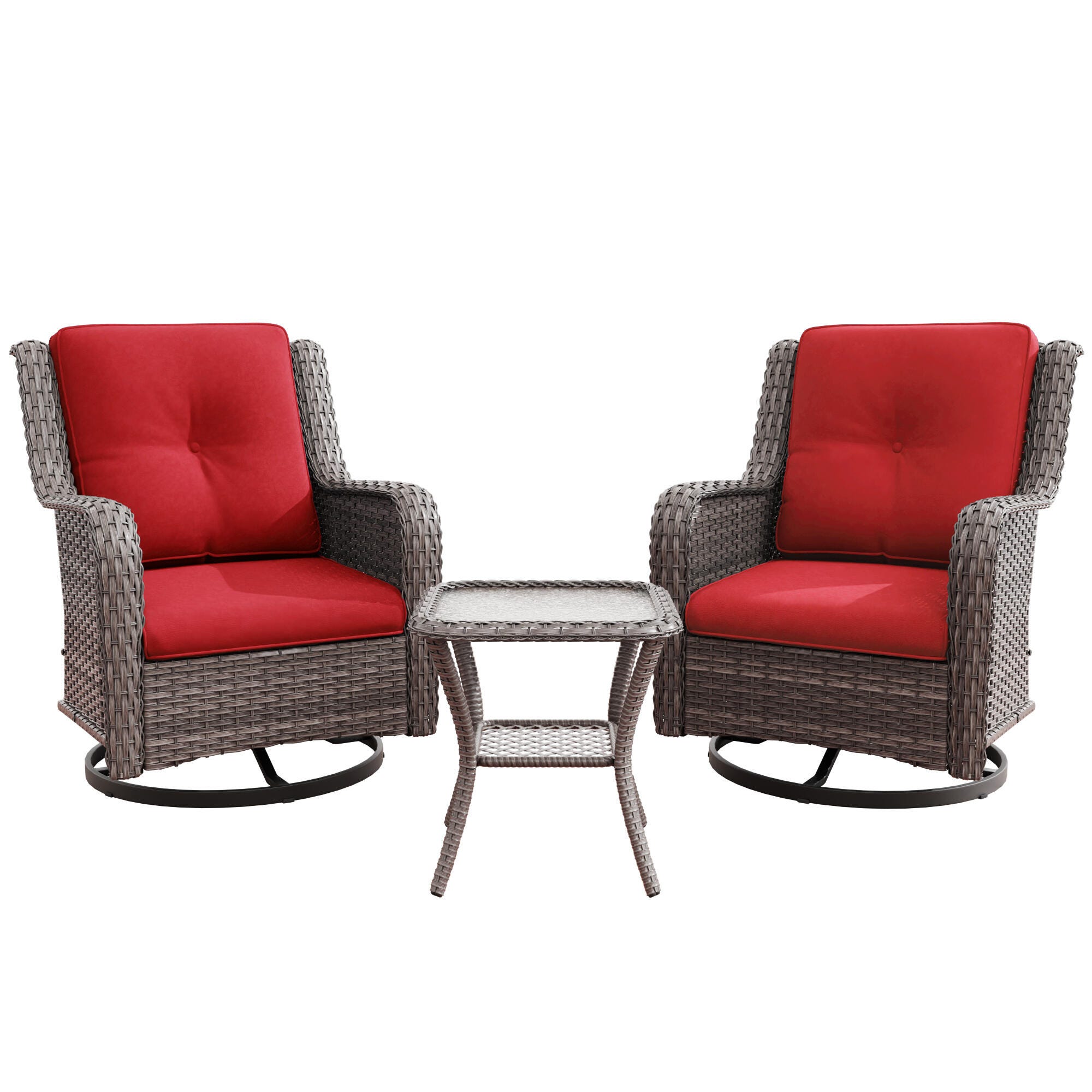 MORN HILL Haven Outdoor 2 Swivel Chair and Side Table, Red/Brown, large