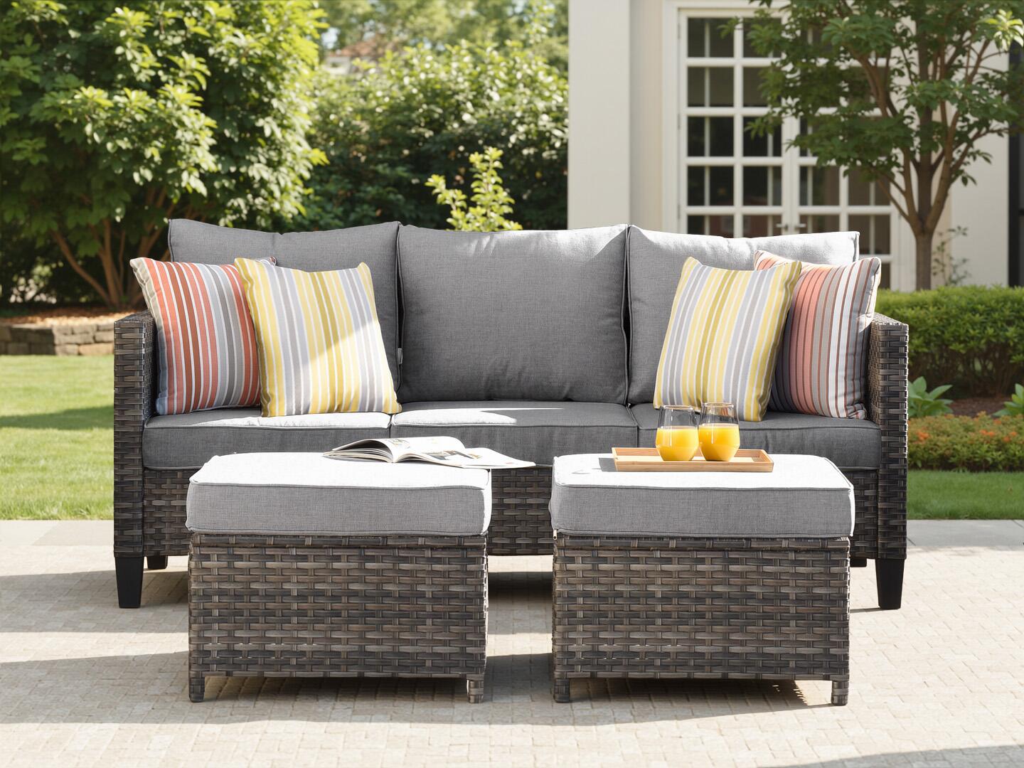 HOMLUX Outdoor Sofa with 2 Ottomans, Gray, rollover