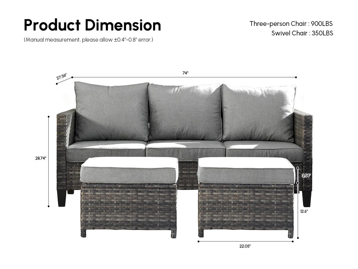 HOMLUX Outdoor Sofa with 2 Ottomans, Gray, large