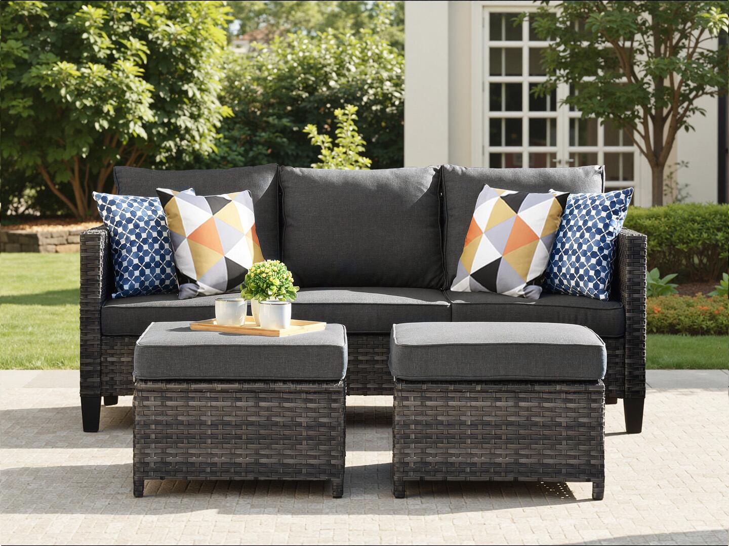HOMLUX Outdoor Sofa with 2 Ottomans, Dark Gray, large