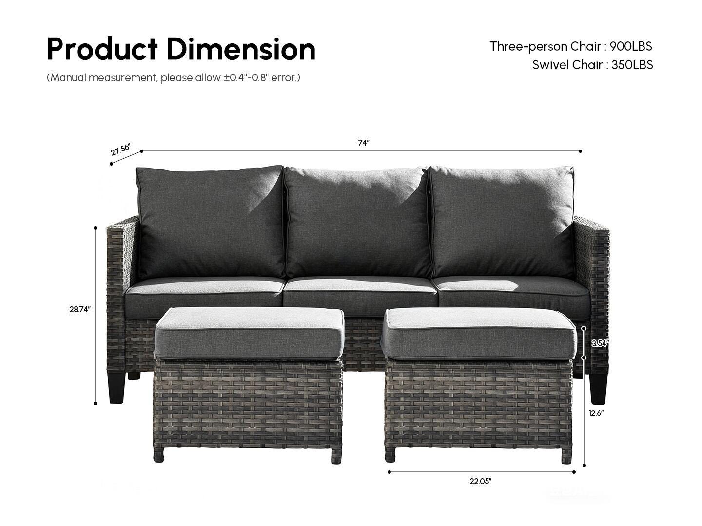 HOMLUX Outdoor Sofa with 2 Ottomans, Dark Gray, large