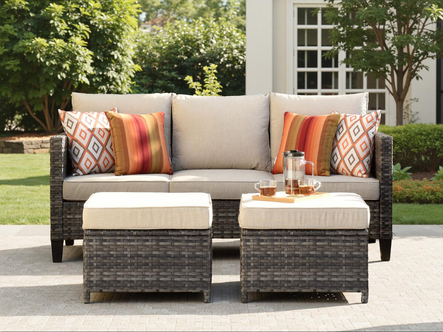 HOMLUX Outdoor Sofa with 2 Ottomans, Beige, rollover