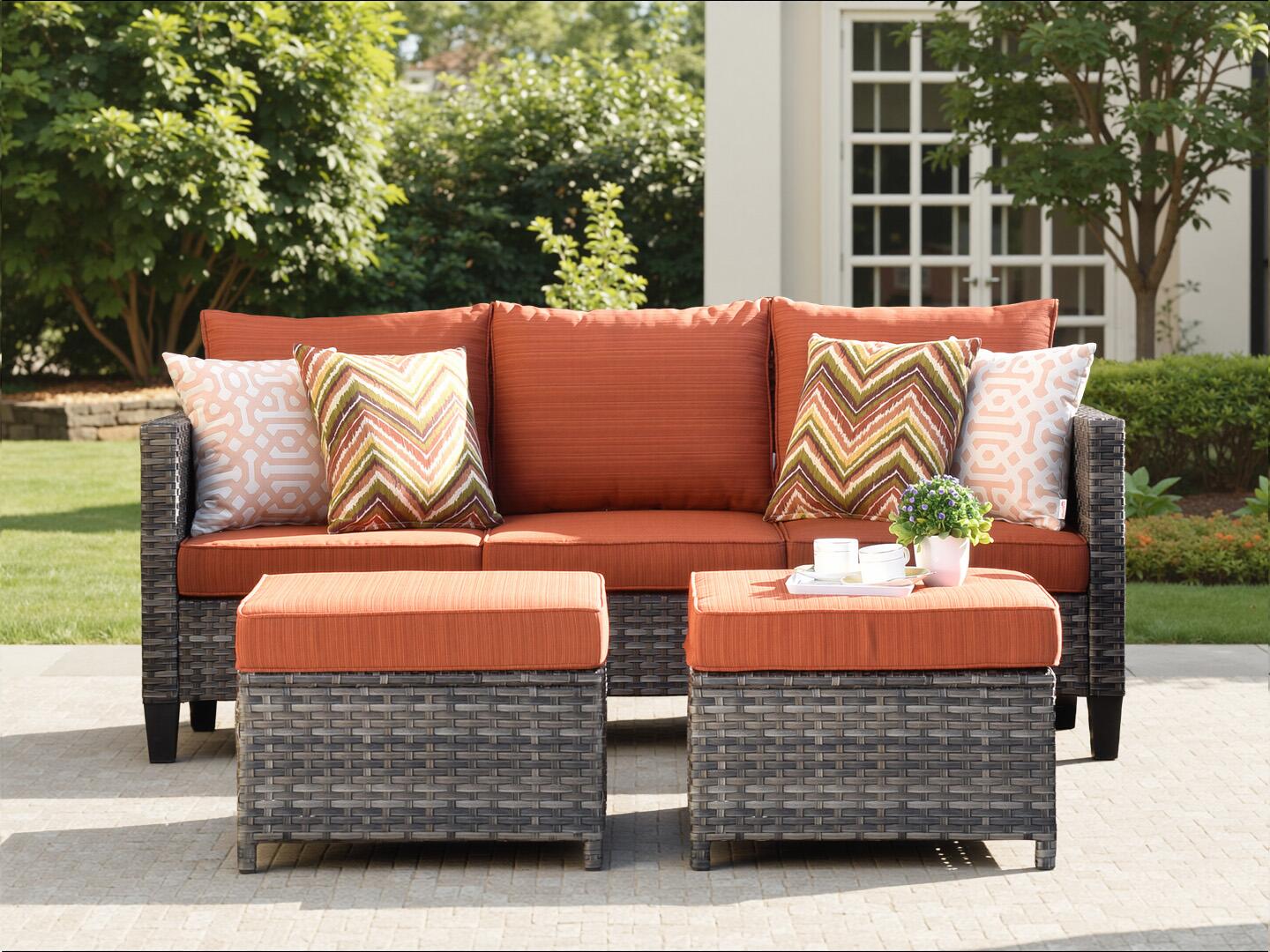 HOMLUX Outdoor Sofa with 2 Ottomans, Orange, rollover