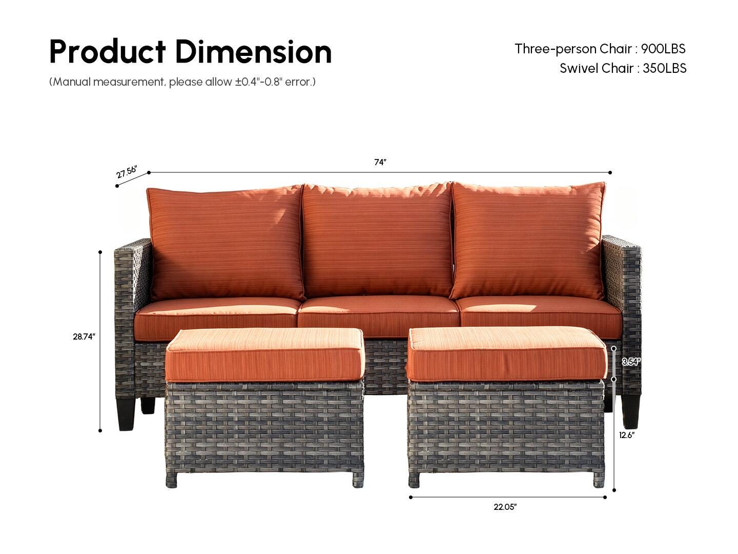 HOMLUX Outdoor Sofa with 2 Ottomans, Orange, large