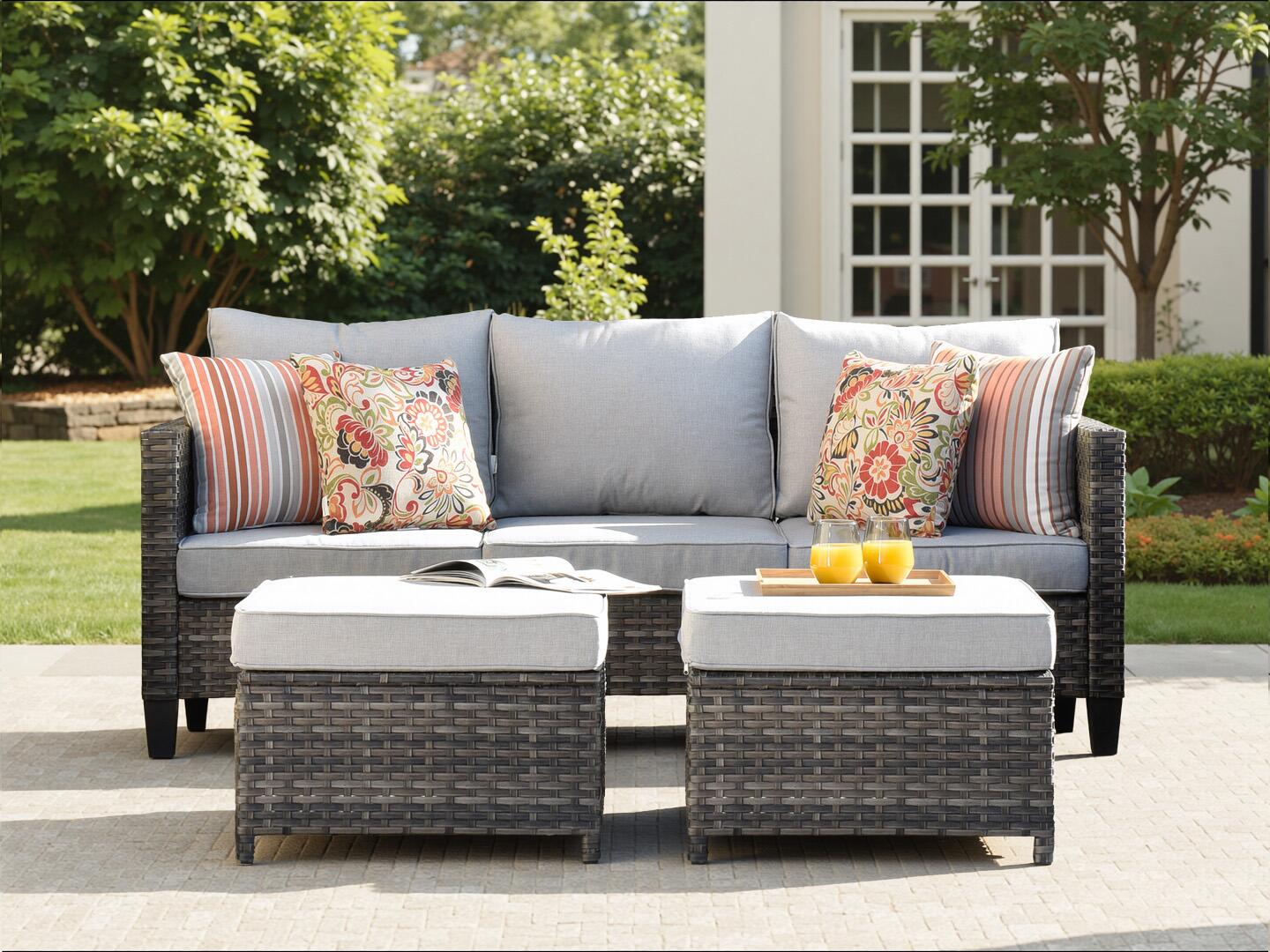HOMLUX Outdoor Sofa with 2 Ottomans, Light Gray, large