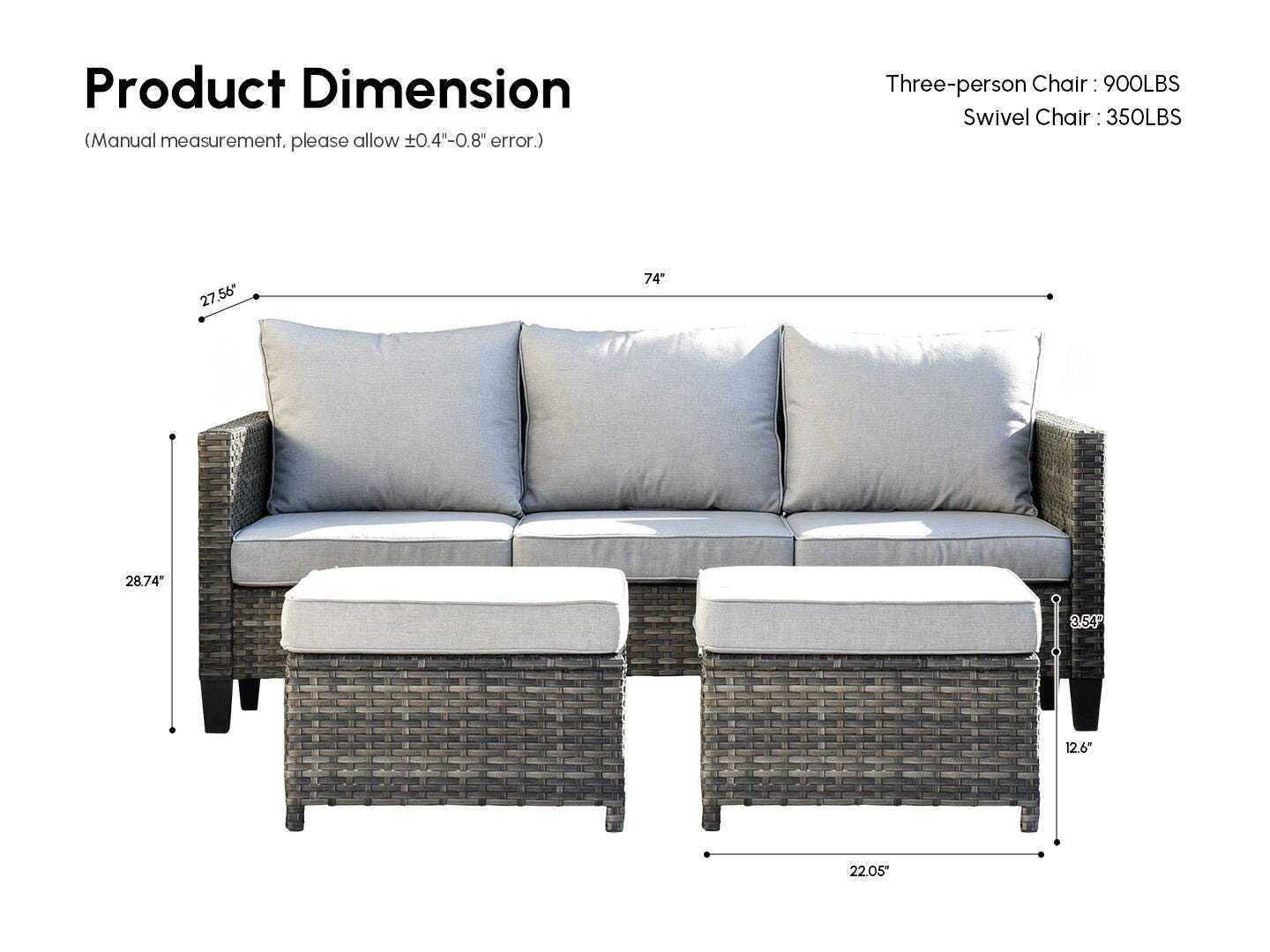HOMLUX Outdoor Sofa with 2 Ottomans, Light Gray, large