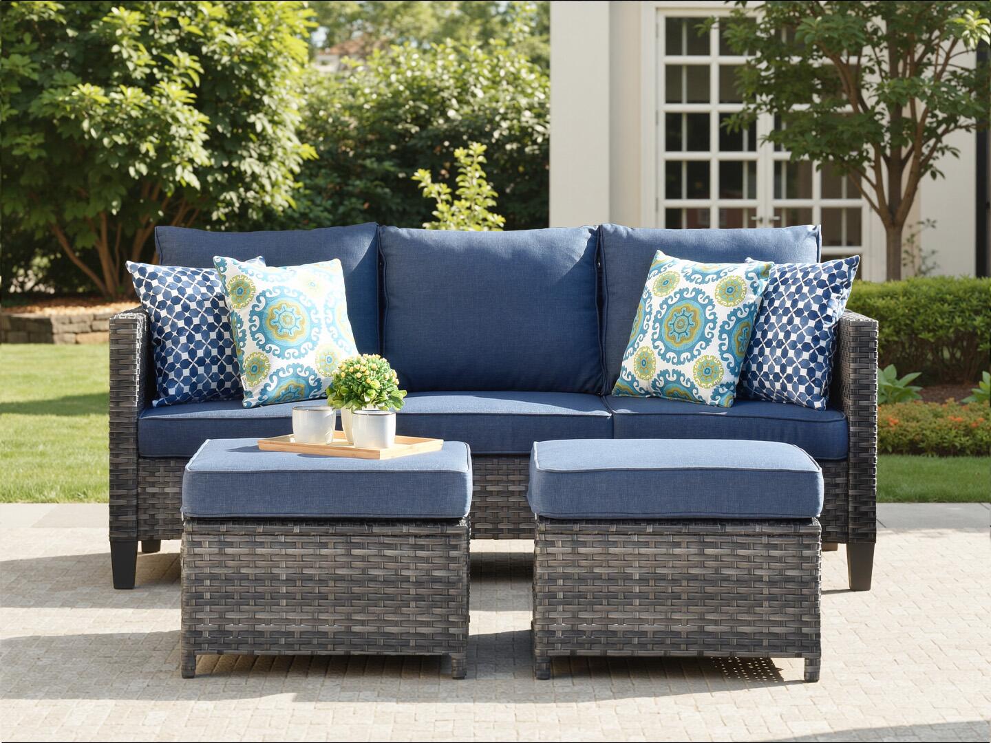 HOMLUX Outdoor Sofa with 2 Ottomans, Denim Blue, rollover