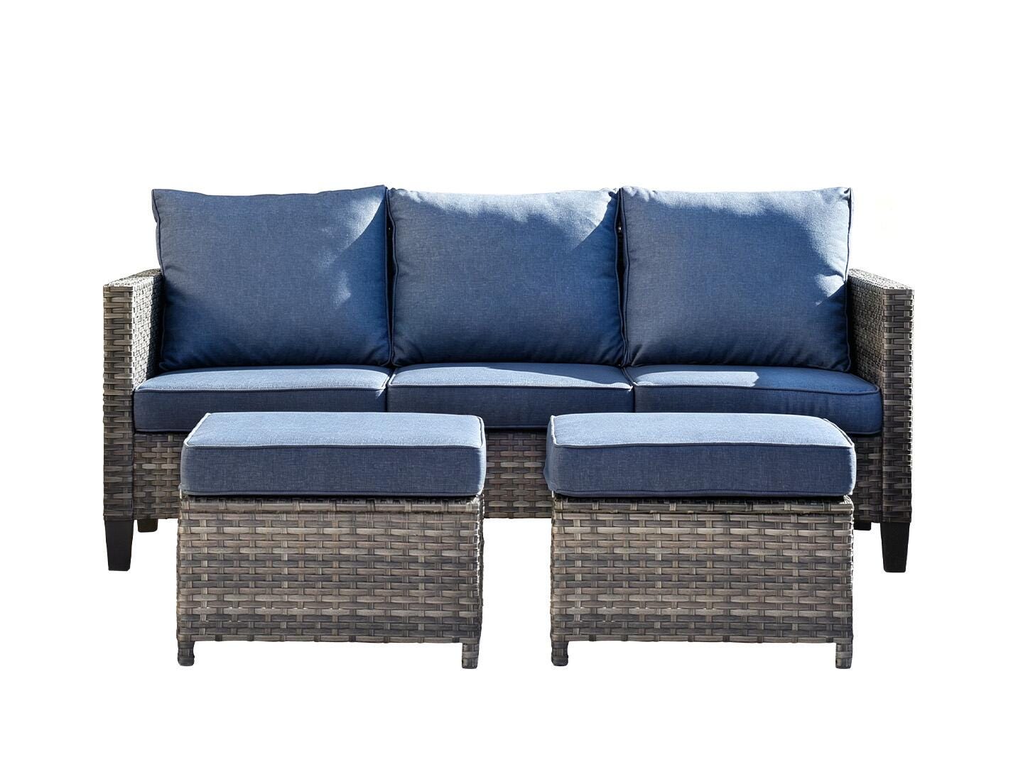 HOMLUX Outdoor Sofa with 2 Ottomans, Denim Blue, large
