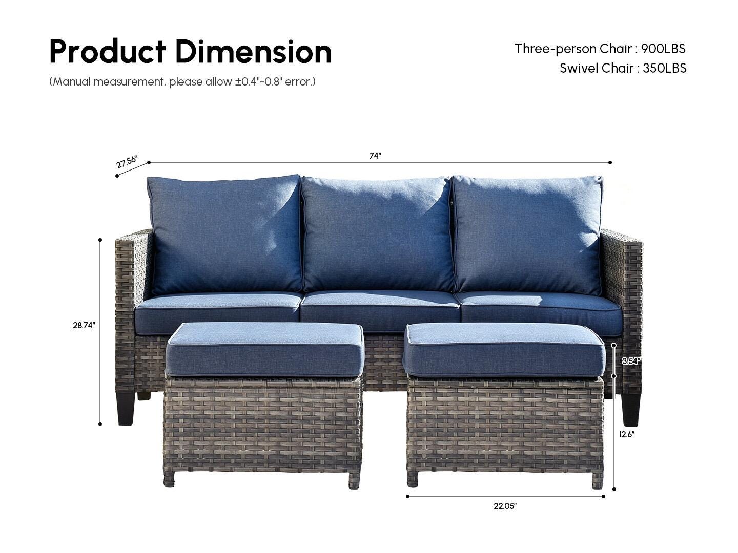 HOMLUX Outdoor Sofa with 2 Ottomans, Denim Blue, large