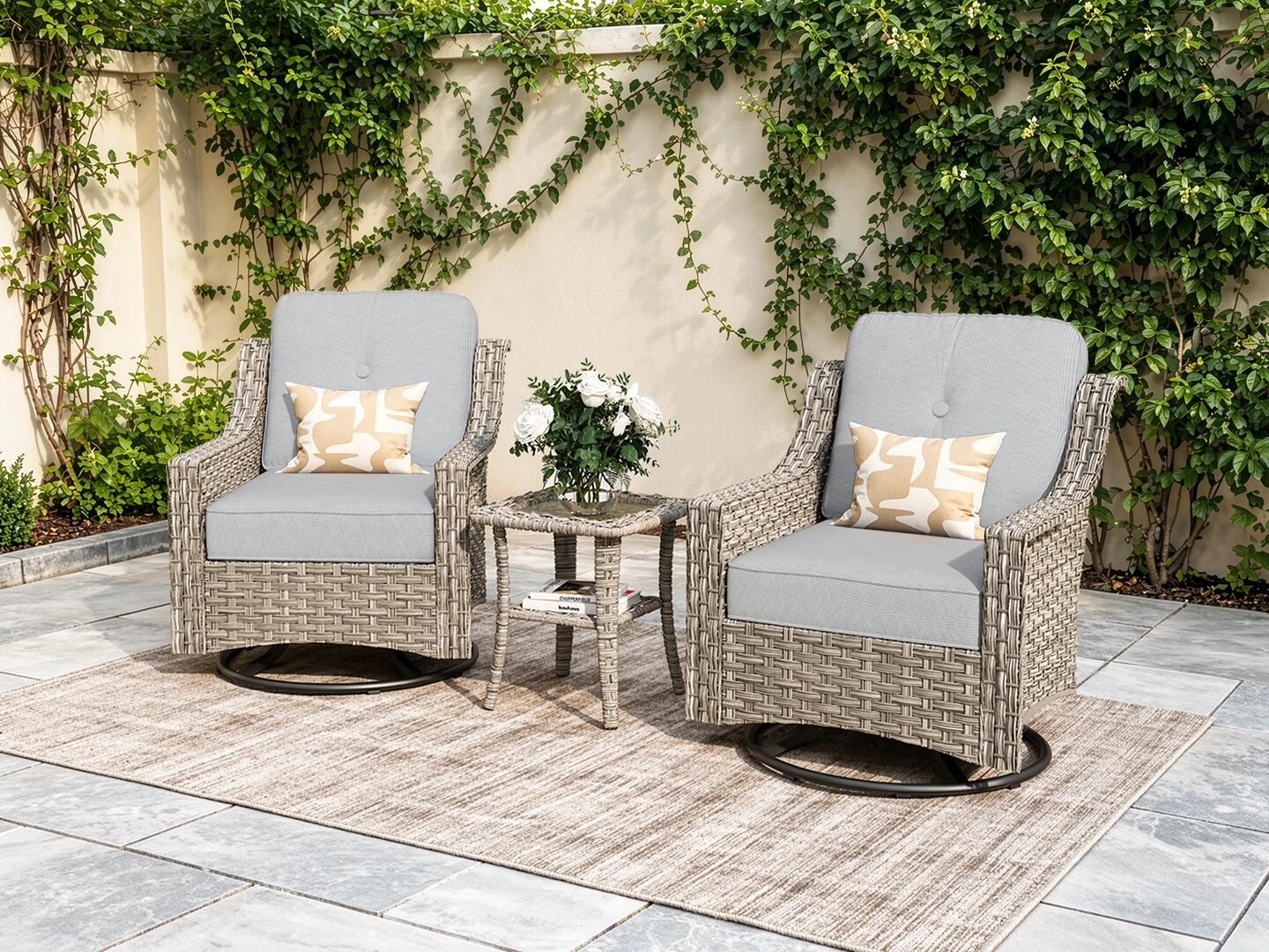HOMLUX Outdoor 2 Swivel Rockers and Side Table, Gray, rollover