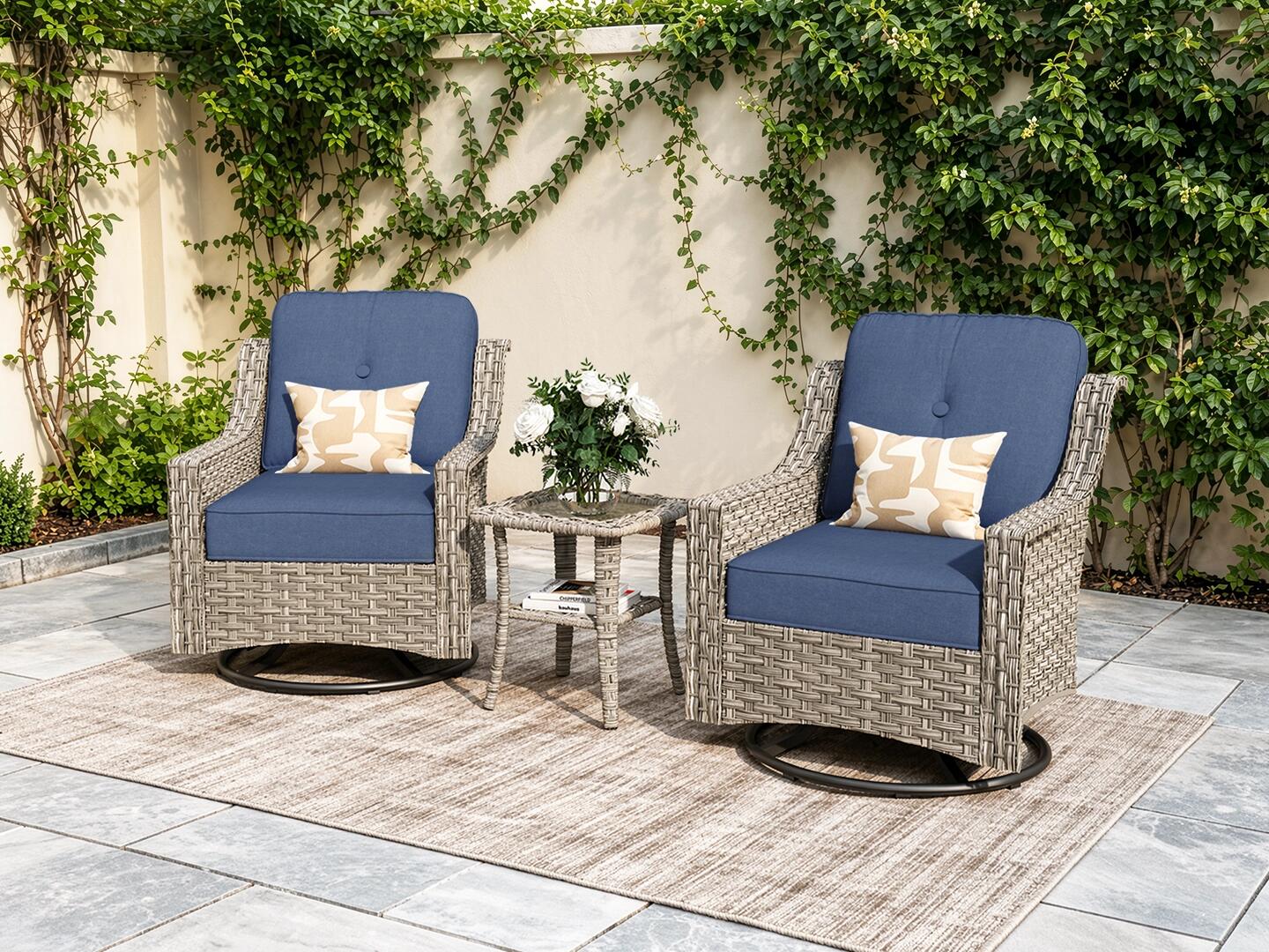 HOMLUX Outdoor 2 Swivel Rockers and Side Table, Denim Blue, rollover