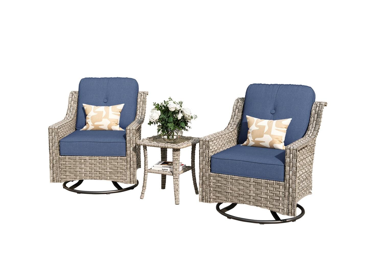 HOMLUX Outdoor 2 Swivel Rockers and Side Table, Denim Blue, large