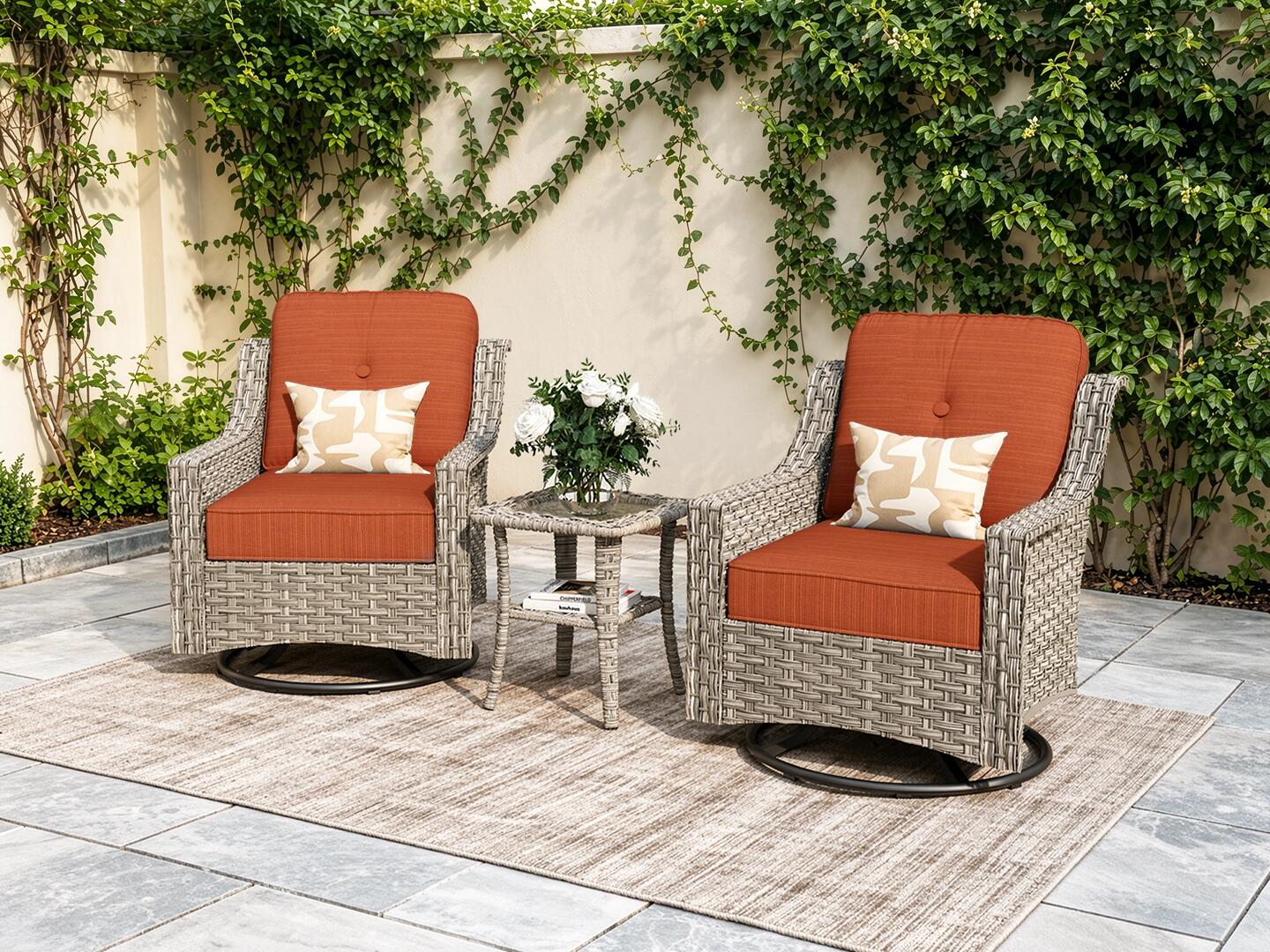 HOMLUX Outdoor 2 Swivel Rockers and Side Table, Orange, rollover