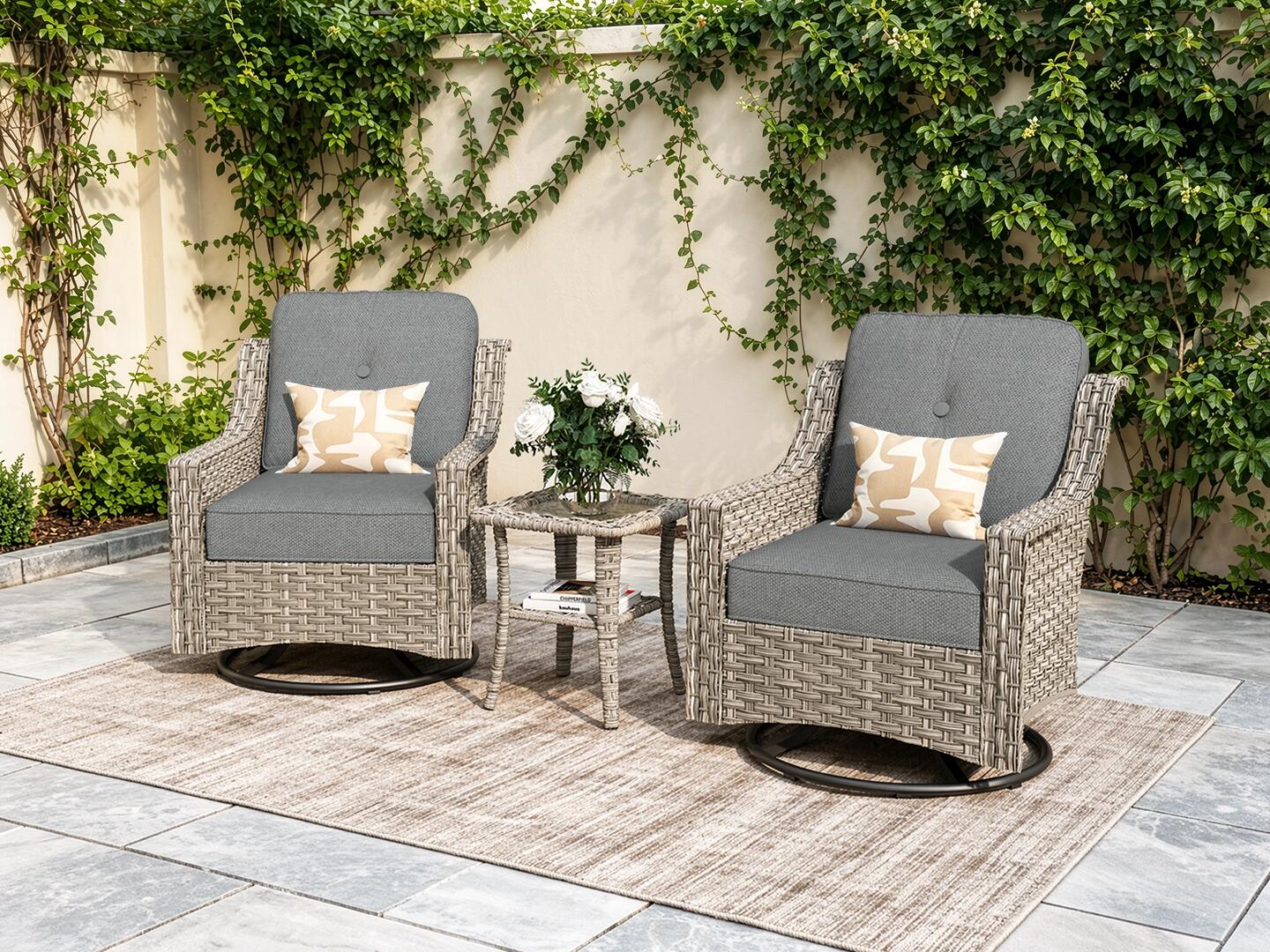 HOMLUX Outdoor 2 Swivel Rockers and Side Table, Light Gray