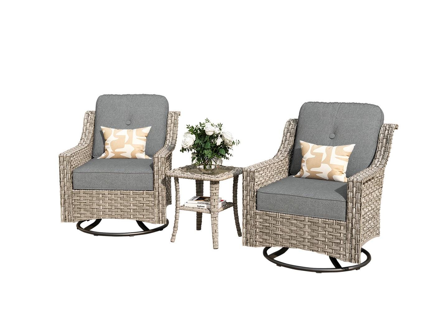 HOMLUX Outdoor 2 Swivel Rockers and Side Table, Light Gray, large