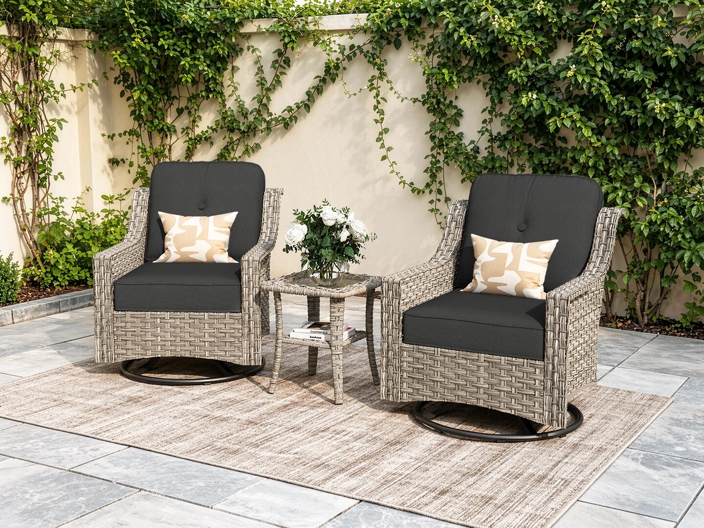 HOMLUX Outdoor 2 Swivel Rockers and Side Table, Dark Gray, large