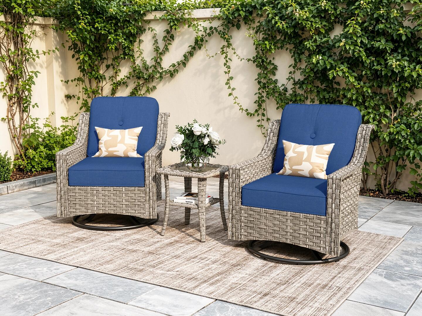 HOMLUX Outdoor 2 Swivel Rockers and Side Table, Navy Blue, large