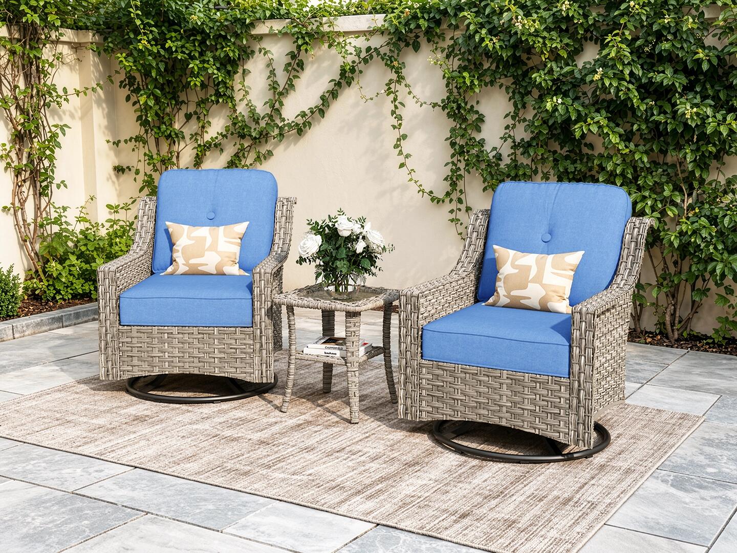 HOMLUX Outdoor 2 Swivel Rockers and Side Table, Diamond Blue, large