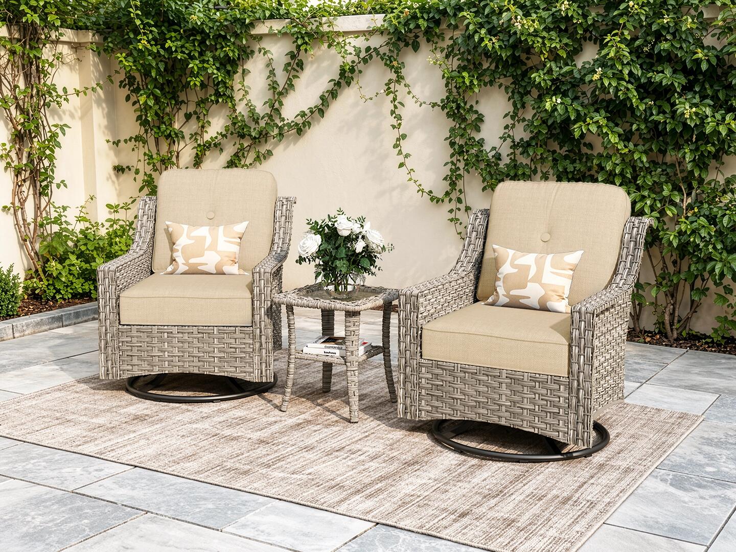 HOMLUX Outdoor 2 Swivel Rockers and Side Table, Beige, rollover