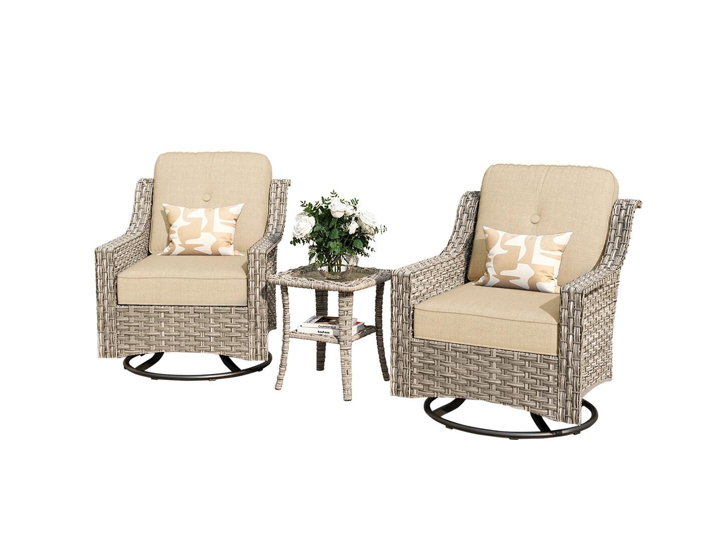 HOMLUX Outdoor 2 Swivel Rockers and Side Table, Beige, large