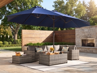 ashly home patio umbrella Ayge 9 FT Outdoor Table Umbrella Fiberglass Frame Beige and an auto Westin Outdoor 10-Ft LED Solar