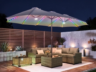 ashley furniture patio umbrella Laguna Heights Outdoor End Table The sturdy aluminum frame is covered in durable outdoor canvas and includes a manual tilt mechanism that can block the sun from the left or right P017-993 Ashley Furniture Oakengrove Large