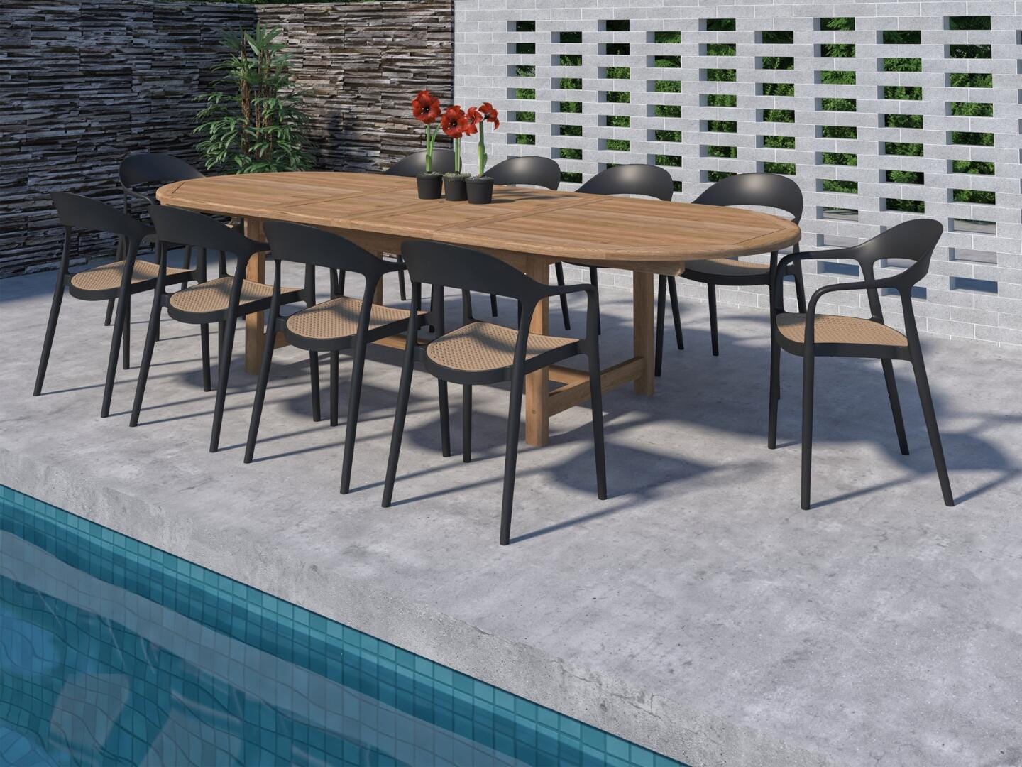 Amazonia Cane Outdoor Extendable Dining Table and 10 Chairs, , large