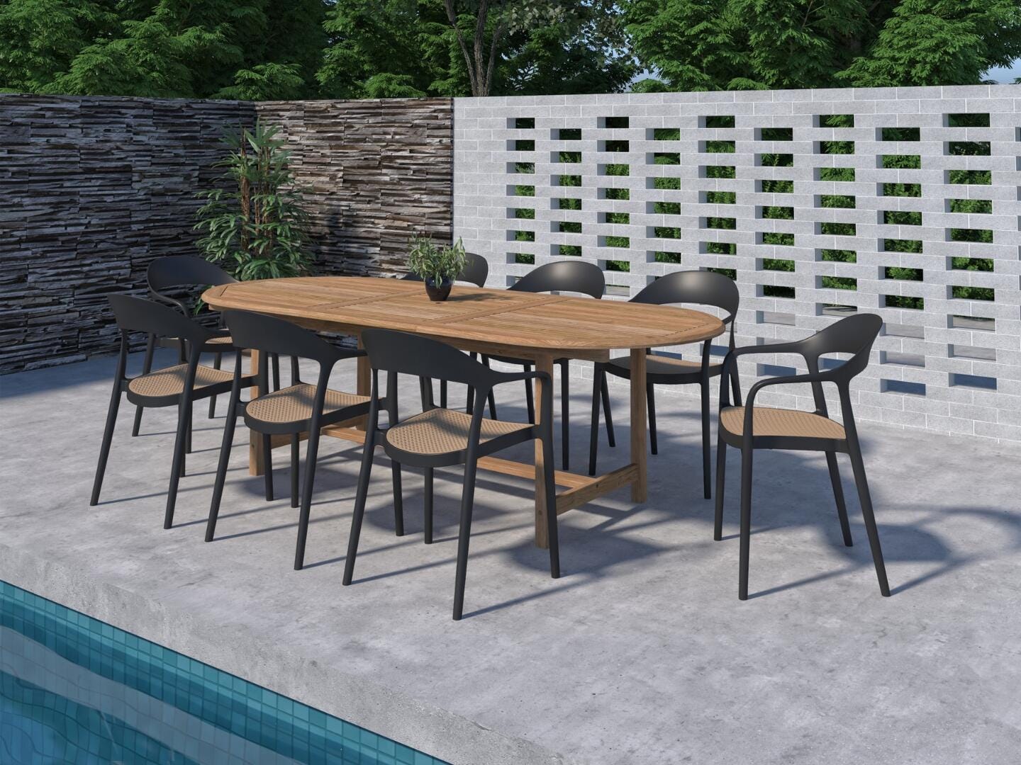 Amazonia Cane Outdoor Extendable Dining Table and 8 Chairs, , large