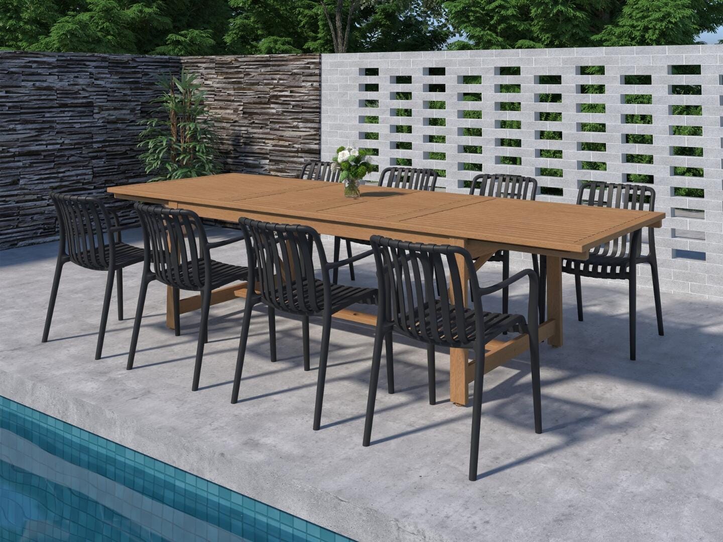 Amazonia Rumi Outdoor Extendable Dining Table and 8 Chairs, Black/Brown, large