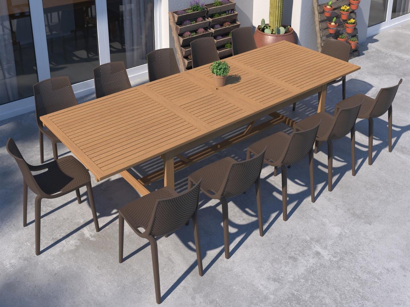 Amazonia Stack Outdoor Extendable Dining Table and 12 Chairs, Teak/Brown, rollover