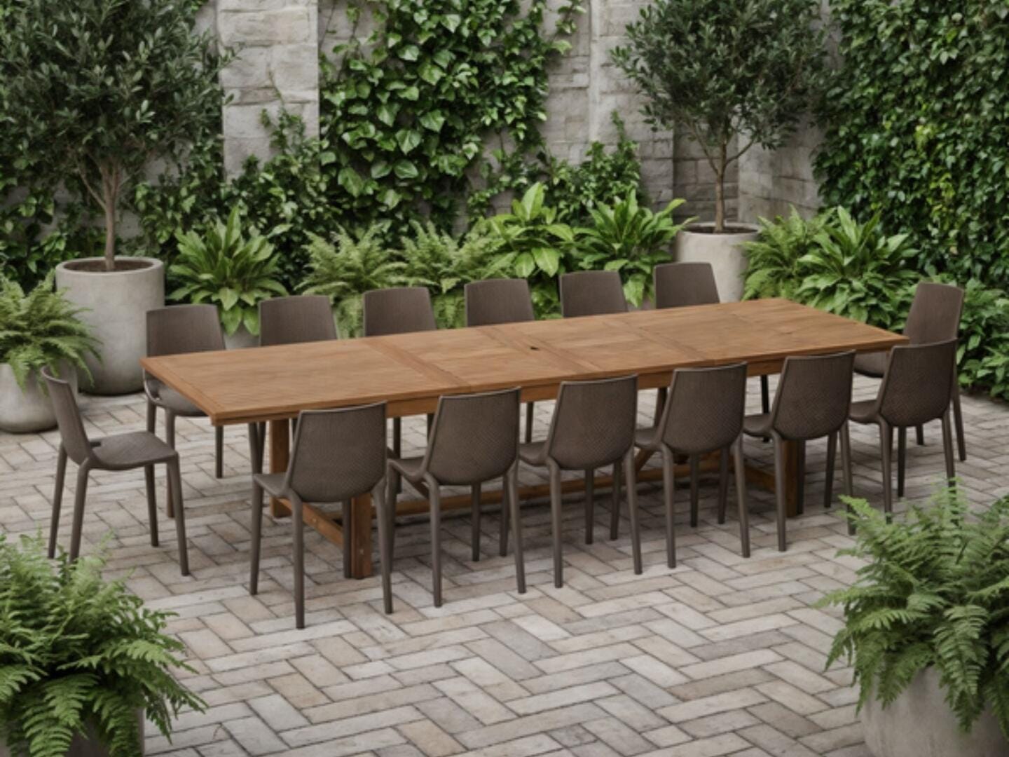Amazonia Stack Outdoor Extendable Dining Table and 14 Chairs, Walnut/Dark Gray, rollover