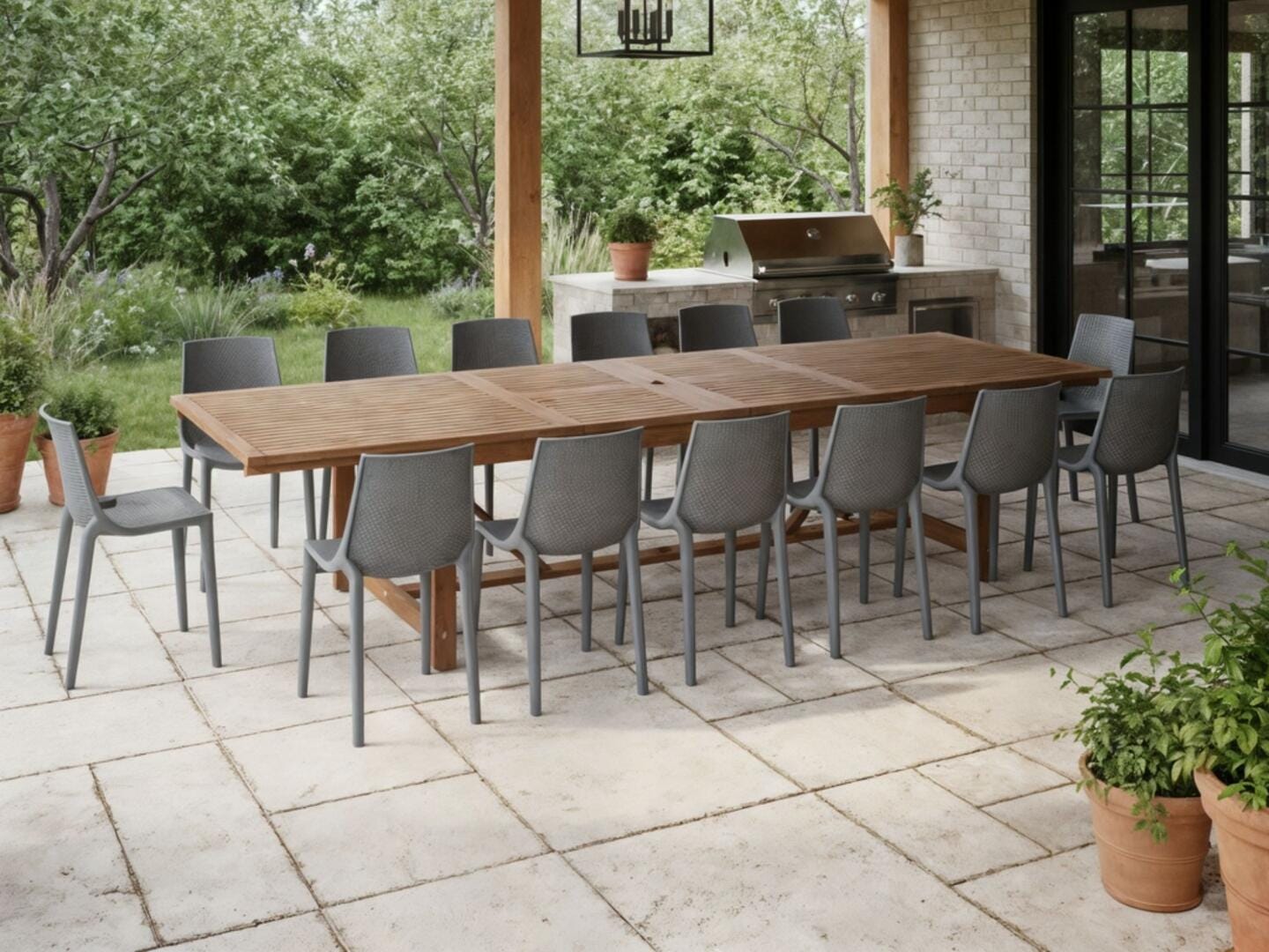 Amazonia Stack Outdoor Extendable Dining Table and 14 Chairs, Walnut/Light Gray, rollover