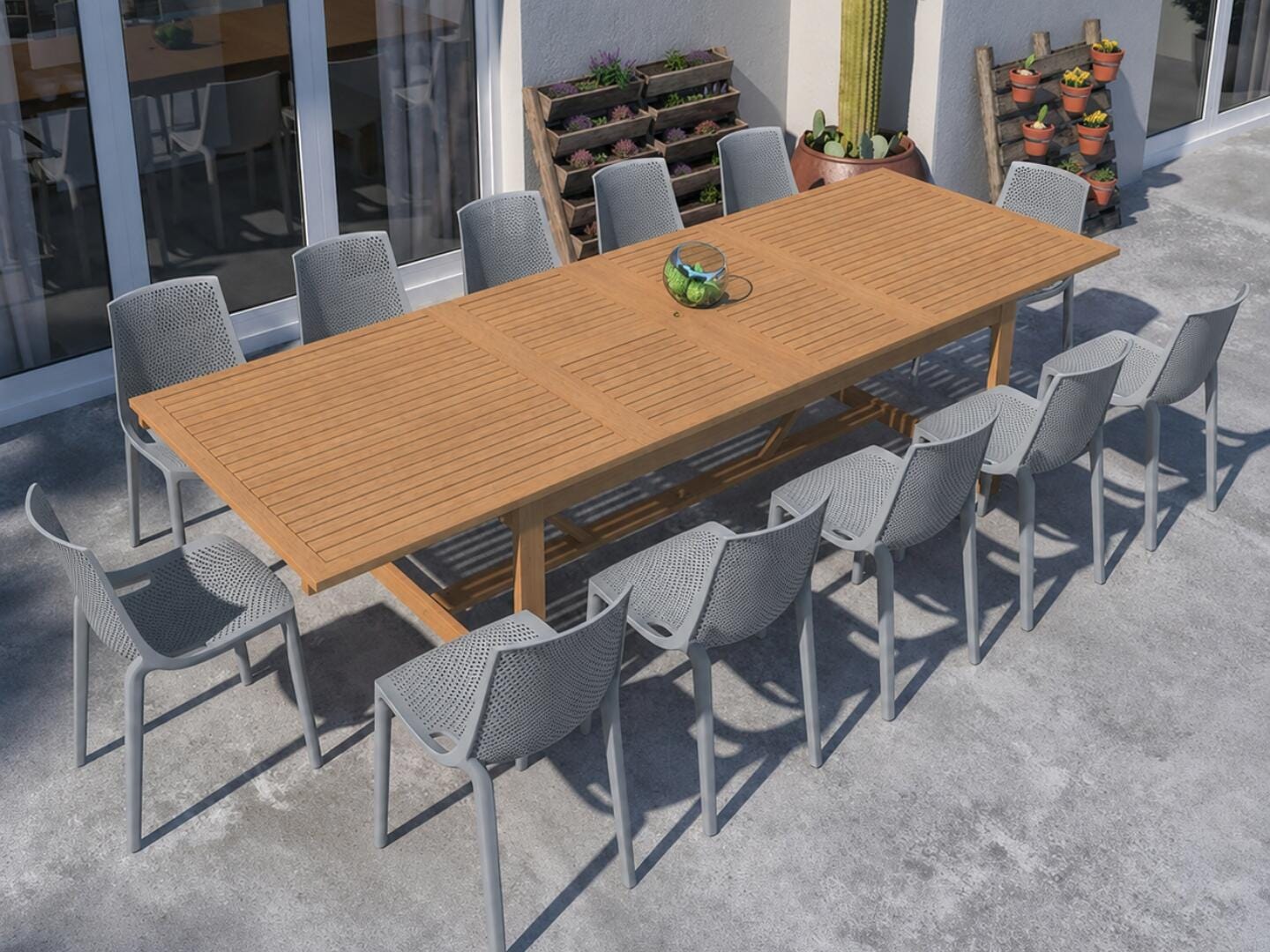 Amazonia Stack Outdoor Extendable Dining Table and 12 Chairs, Teak/Gray, rollover