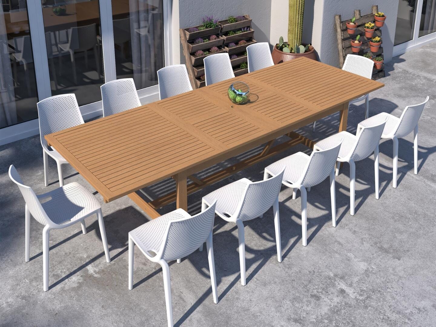 Amazonia Stack Outdoor Extendable Dining Table and 12 Chairs, White/Brown, rollover