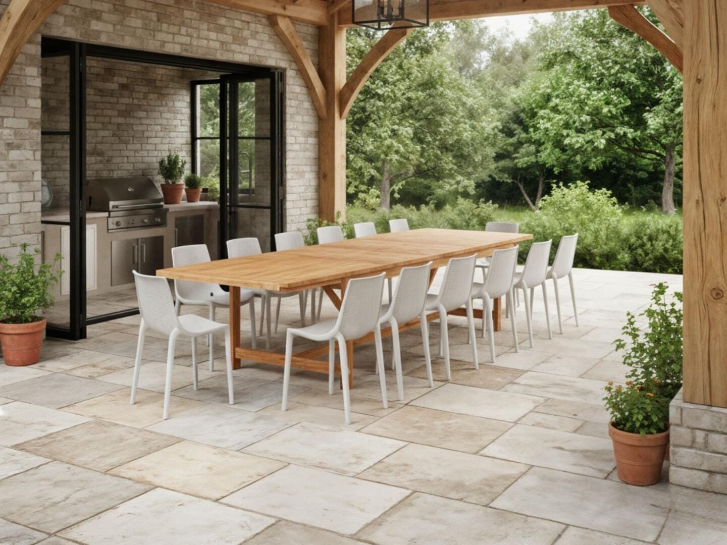 Amazonia Stack Outdoor Extendable Dining Table and 14 Chairs, Light Oak/Gray, large