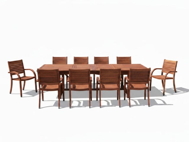 Amazonia Whitehaven Outdoor Extendendable Dining Table and 10 Chairs, Dark Teak