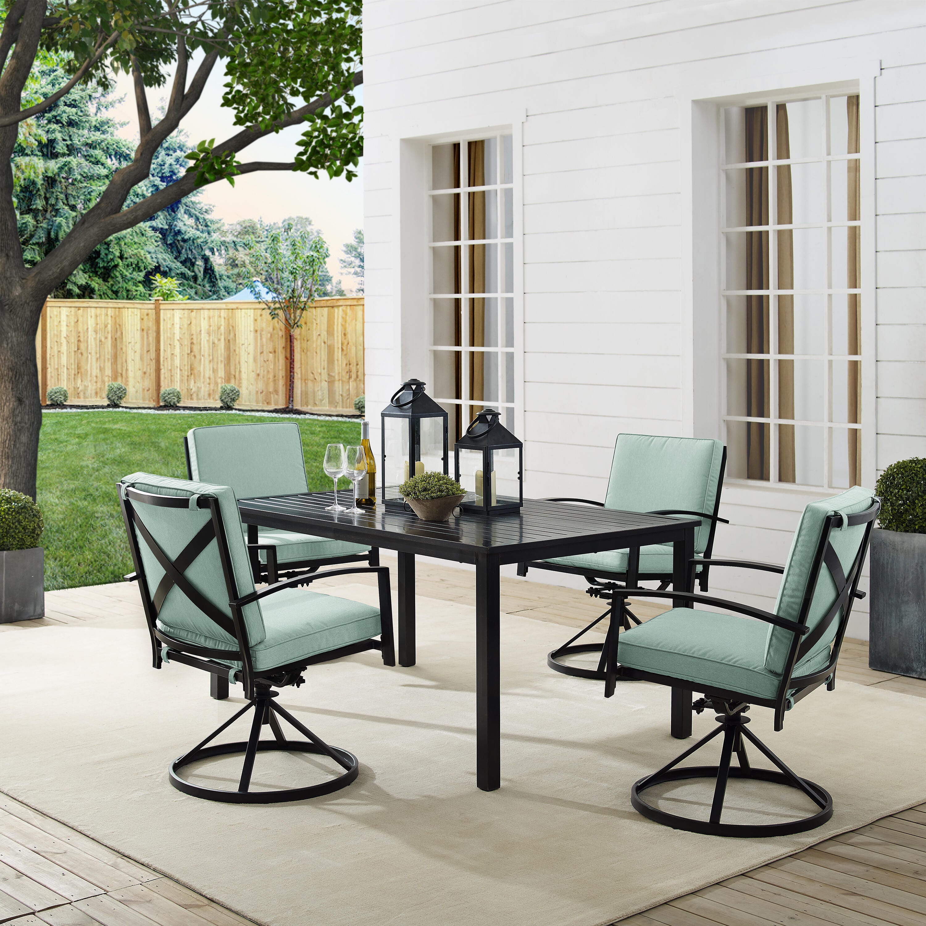 Kaplan Outdoor Dining Table with 4 Swivel Chairs, Mist, large