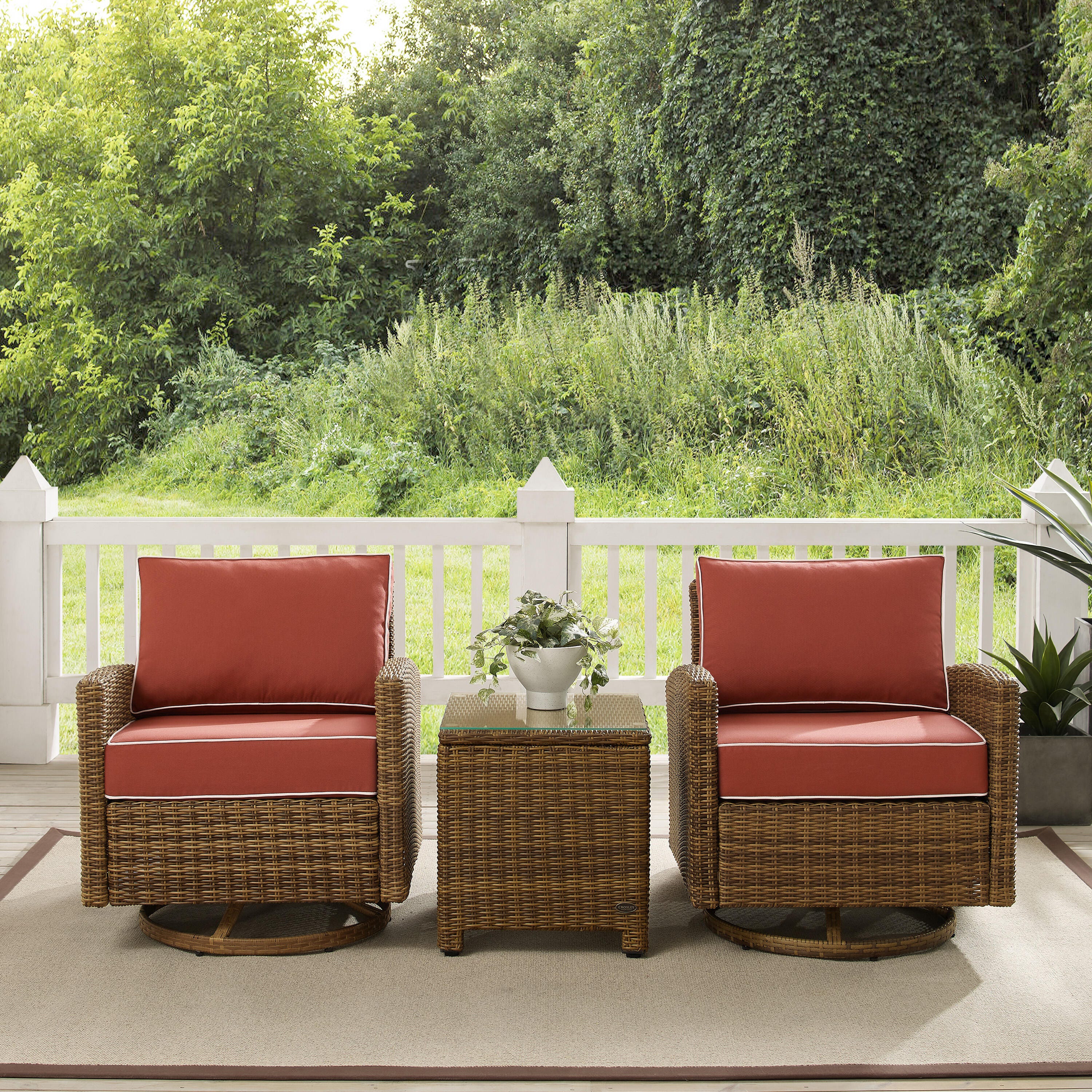Bradenton Outdoor Swivel Rocker Chairs with End Table, Sangria, large