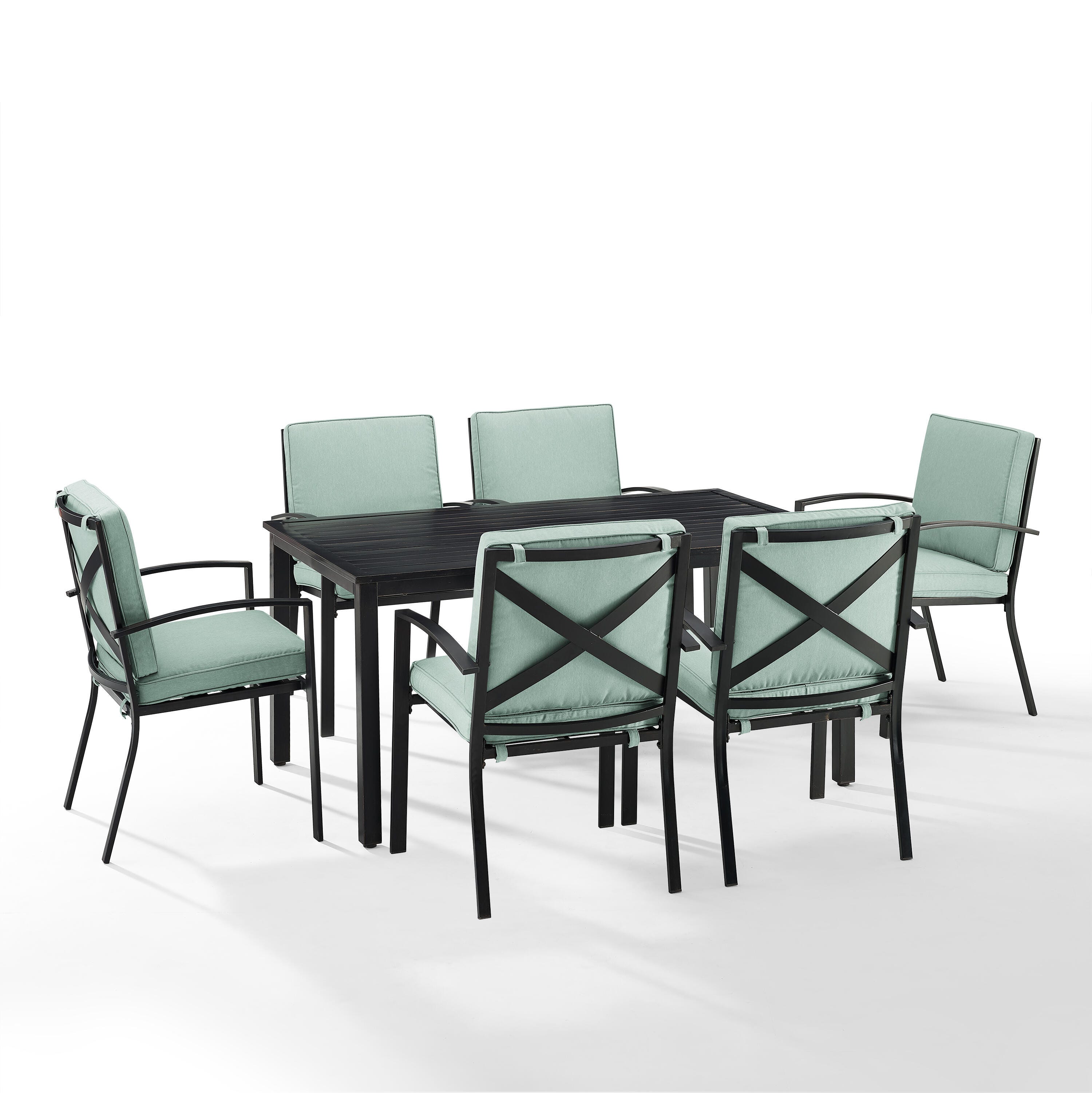 Crosley Furniture Kaplan Outdoor Dining Table and 6 Dining Chairs, Mist, large