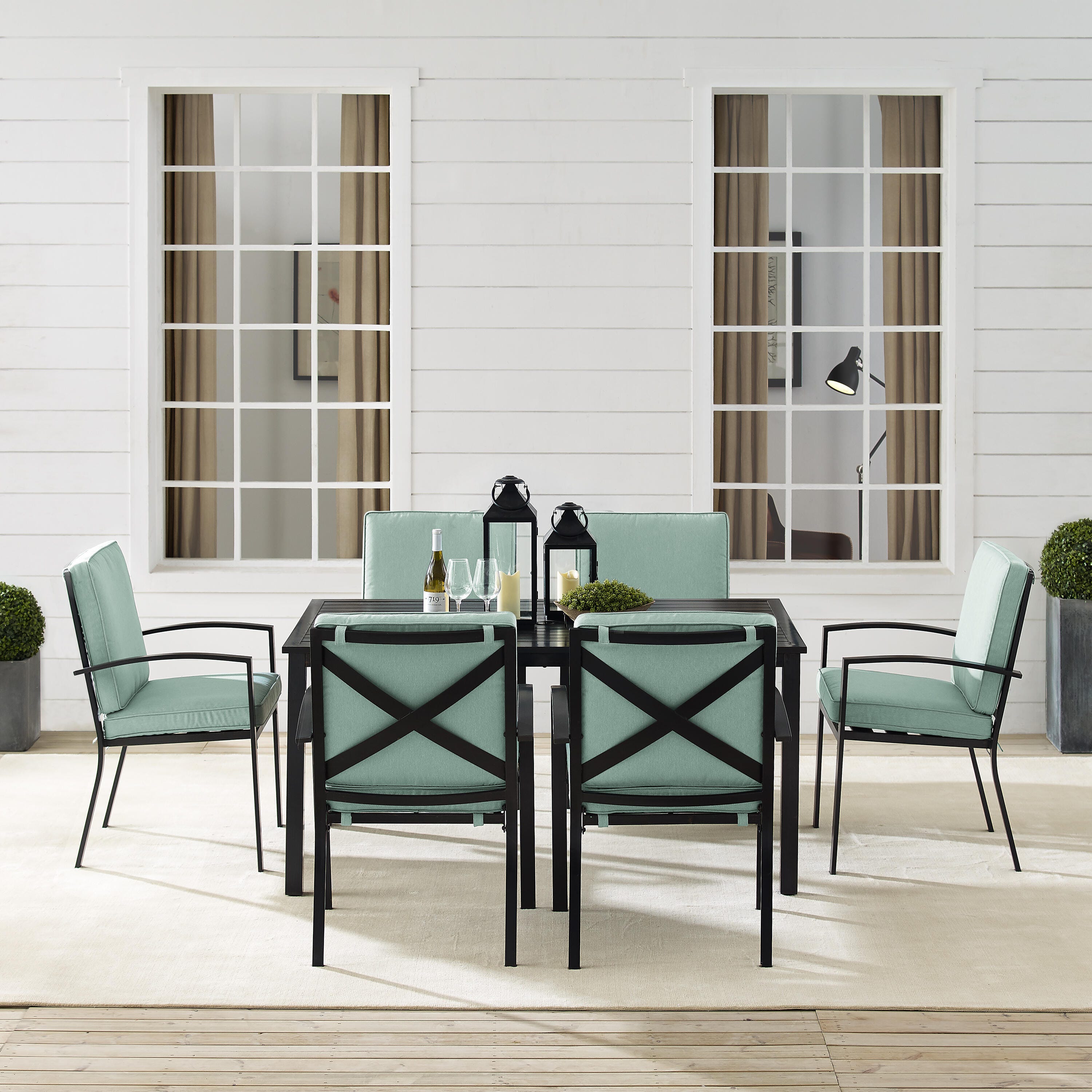 Crosley Furniture Kaplan Outdoor Dining Table and 6 Dining Chairs, Mist, large