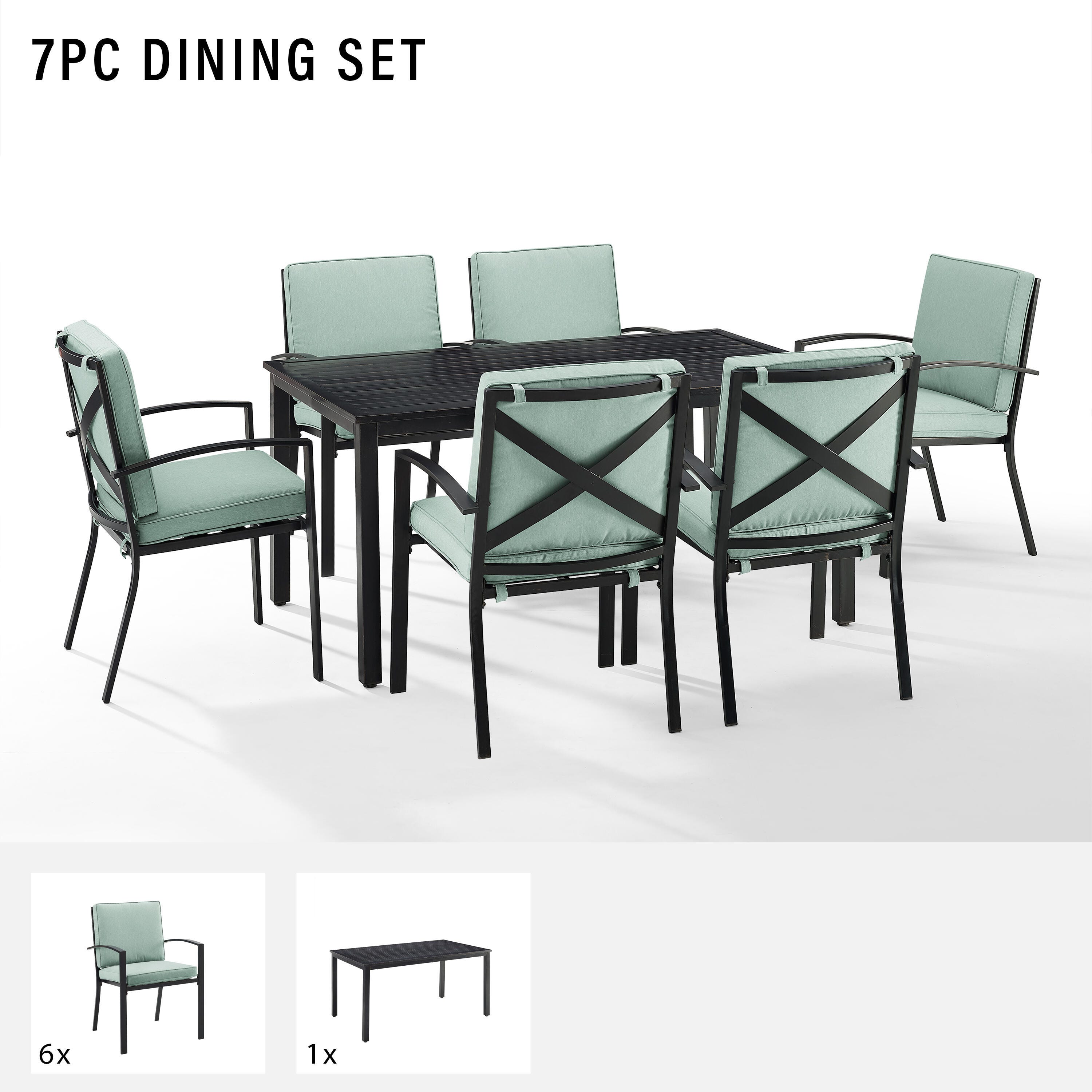 Crosley Furniture Kaplan Outdoor Dining Table and 6 Dining Chairs, Mist, large
