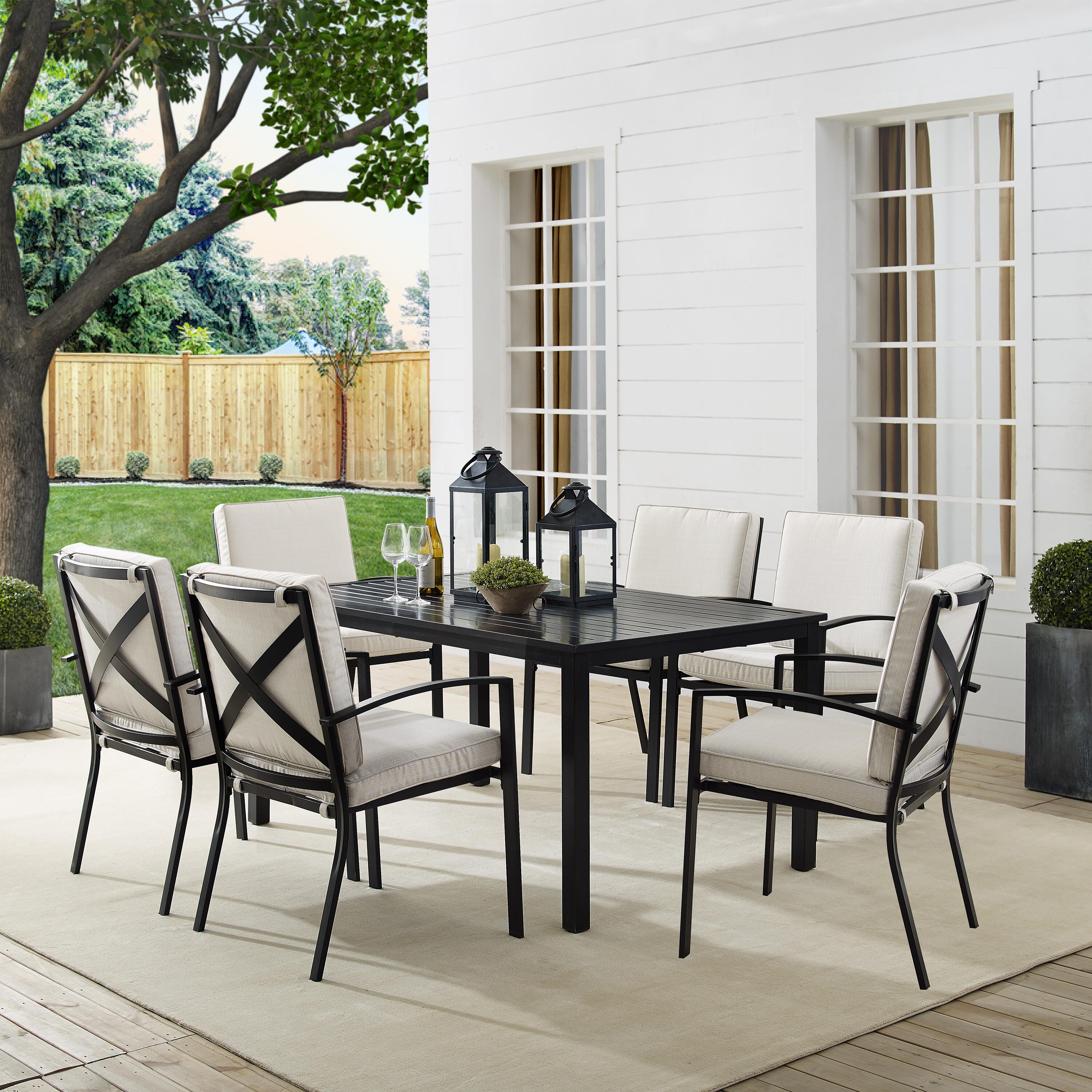 Crosley Furniture Kaplan Outdoor Dining Table and 6 Dining Chairs, Oatmeal, rollover