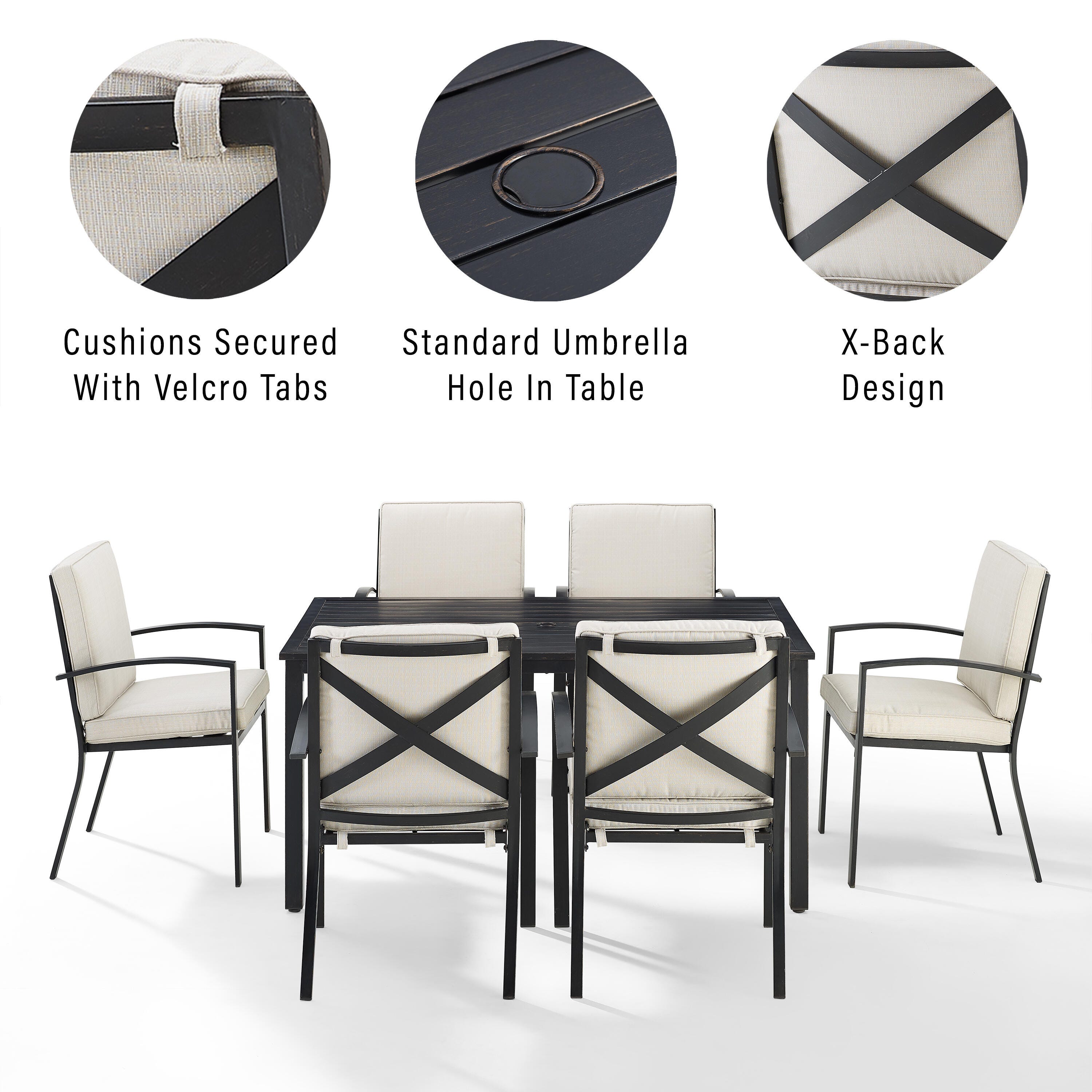 Crosley Furniture Kaplan Outdoor Dining Table and 6 Dining Chairs, Oatmeal, large