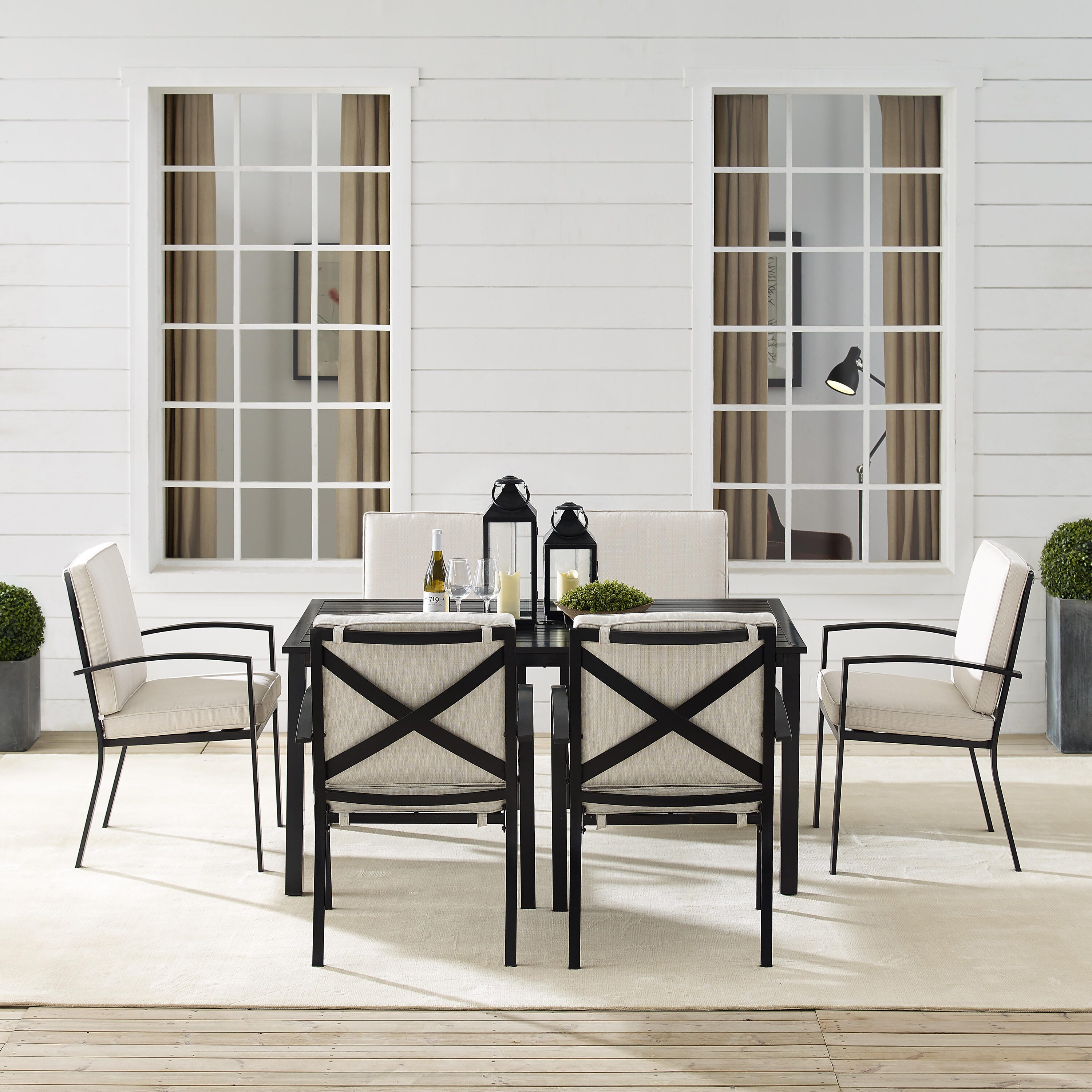 Crosley Furniture Kaplan Outdoor Dining Table and 6 Dining Chairs, Oatmeal, large