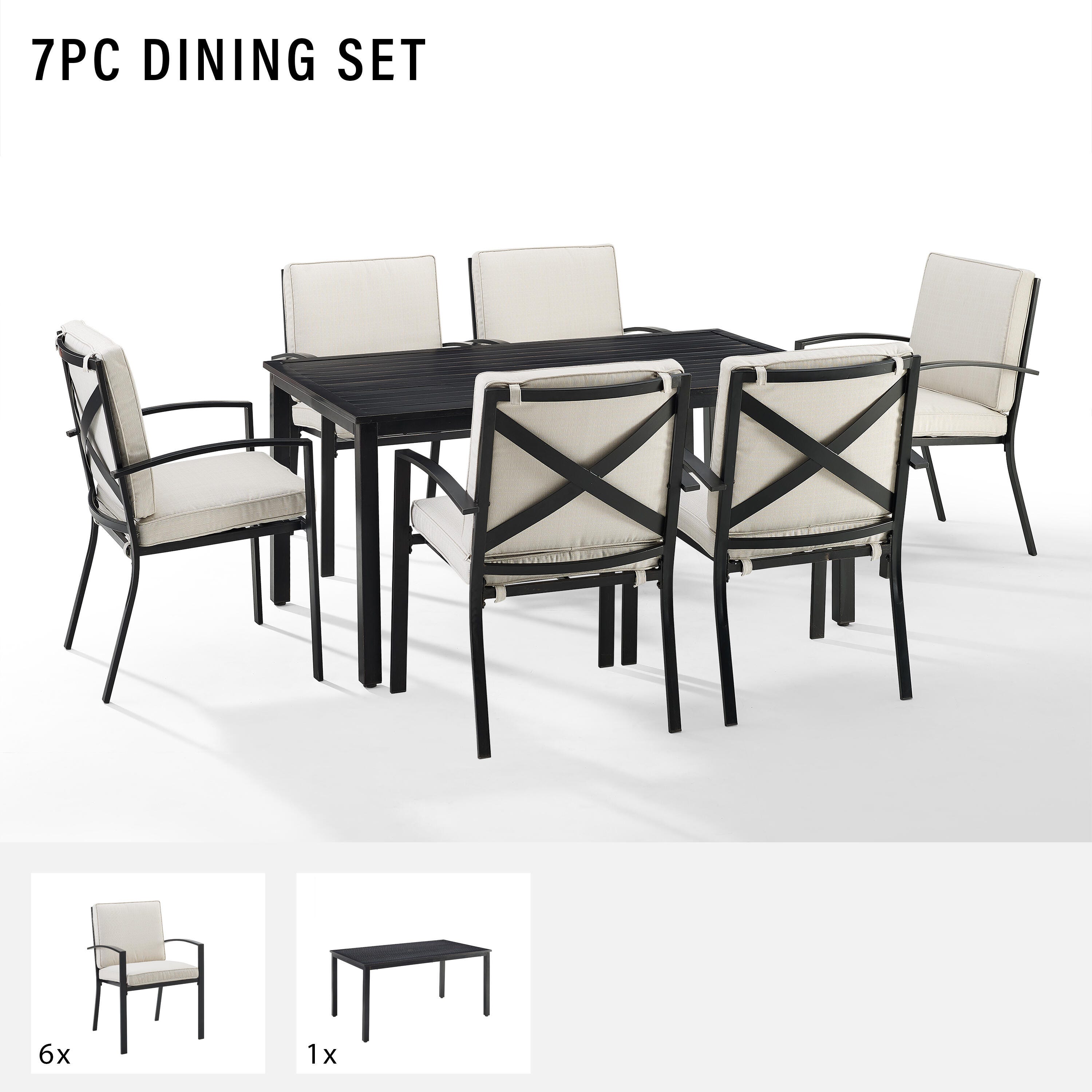 Crosley Furniture Kaplan Outdoor Dining Table and 6 Dining Chairs, Oatmeal, large