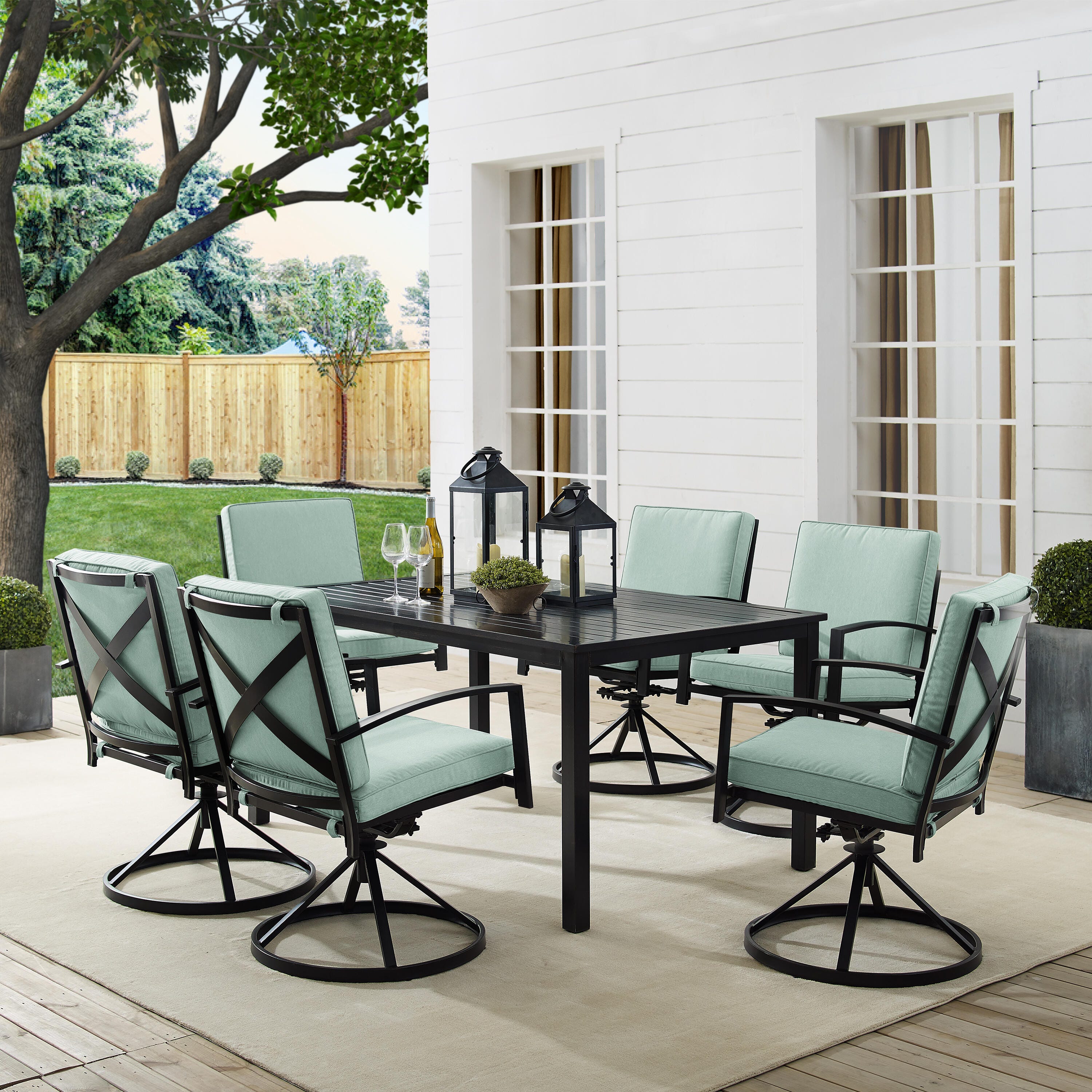 Crosley Furniture Kaplan Outdoor Dining Table and 6 Swivel Chairs, Mist, rollover