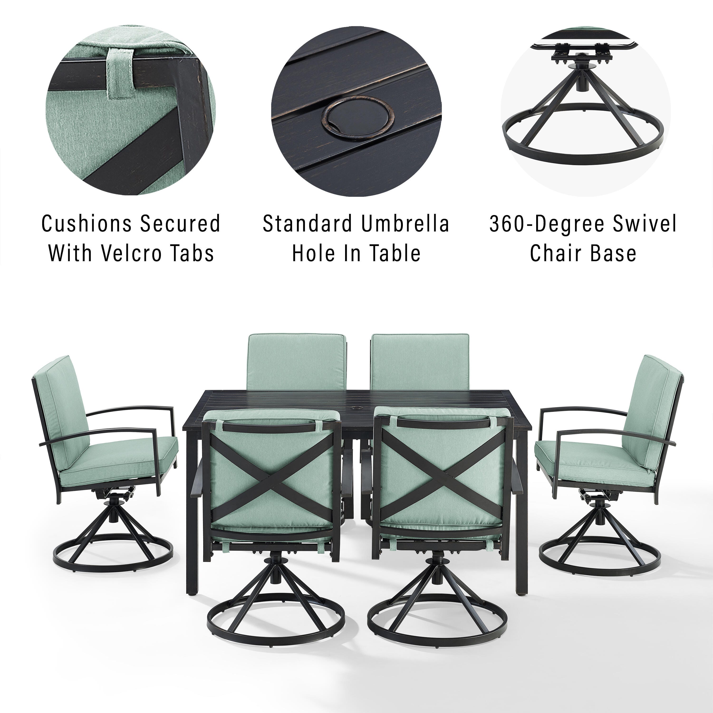 Crosley Furniture Kaplan Outdoor Dining Table and 6 Swivel Chairs, Mist, large