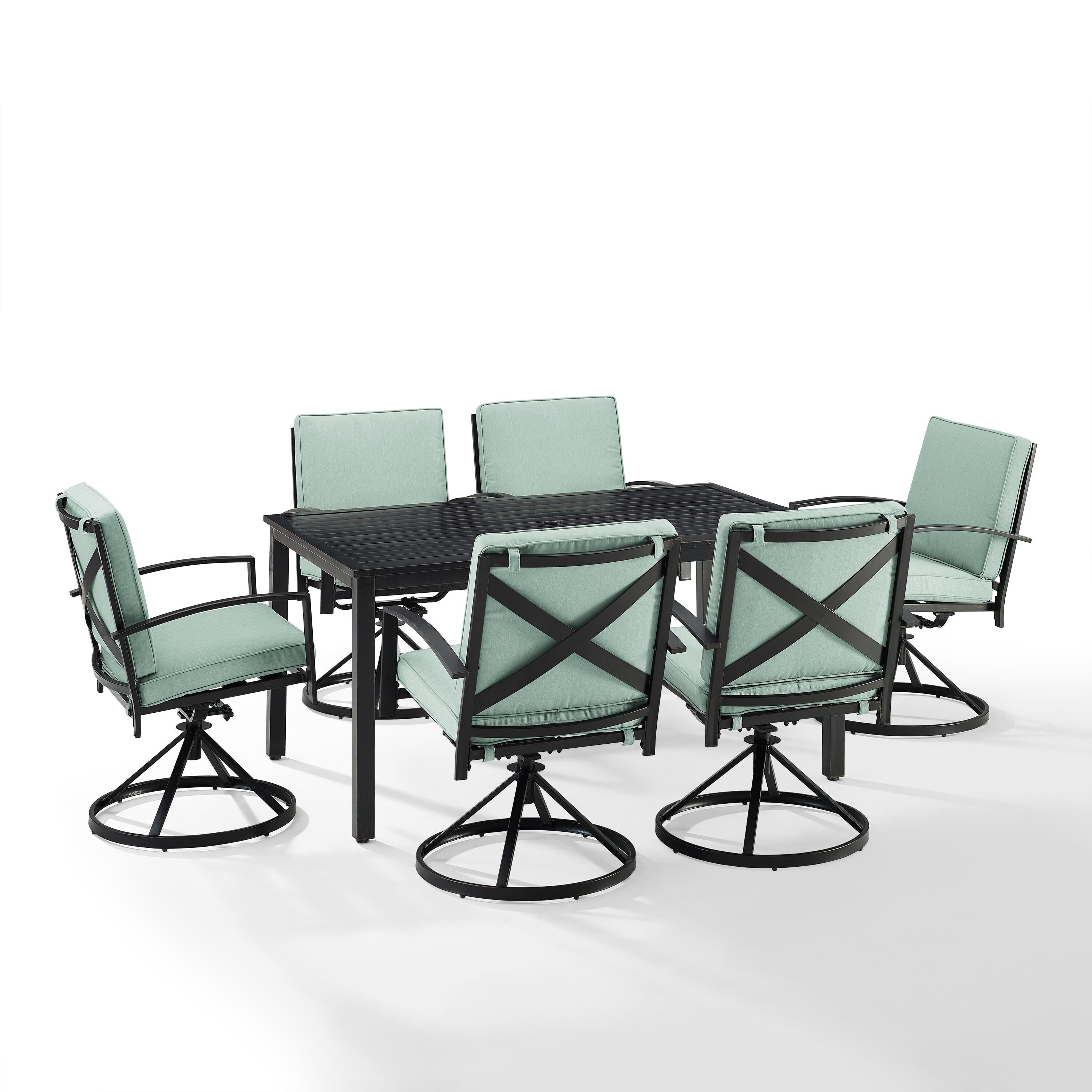 Crosley Furniture Kaplan Outdoor Dining Table and 6 Swivel Chairs, Mist, large