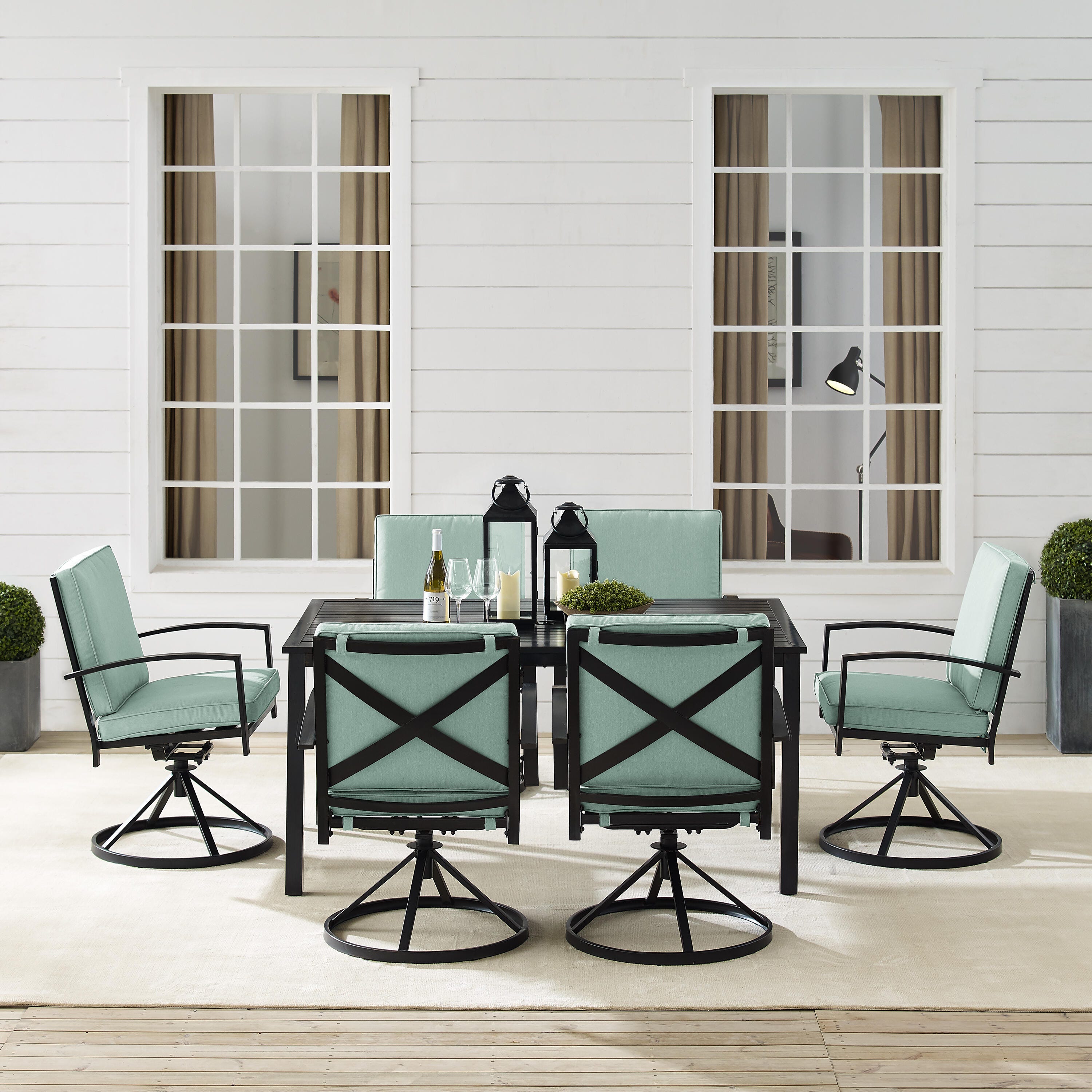 Crosley Furniture Kaplan Outdoor Dining Table and 6 Swivel Chairs, Mist, large